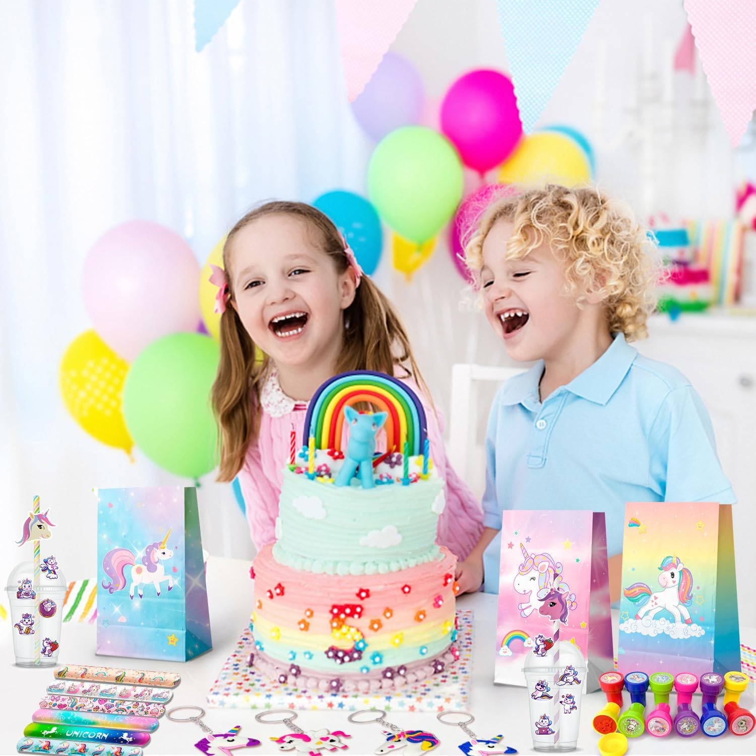 Unicorn Party Favors for Girls,134Pcs Unicorn Birthday Party Favors Set - Unicorn Goodie Bags & Unicorn Slap Bracelet & Unicorn Stickers Keychain Stampers Rings Etc Unicorn Themed Party Favors image number 3