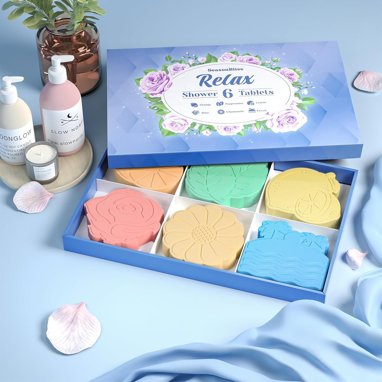 Seasonbliss Shower Steamers 6 Pack Shower Bombs with Unique Shapes & Scents, Orange Peppermint Lemon Rose Chamomile Sea, Self Care Shower Steamer, Stocking Stuffers Christmas Gifts for Women, Men image number 2