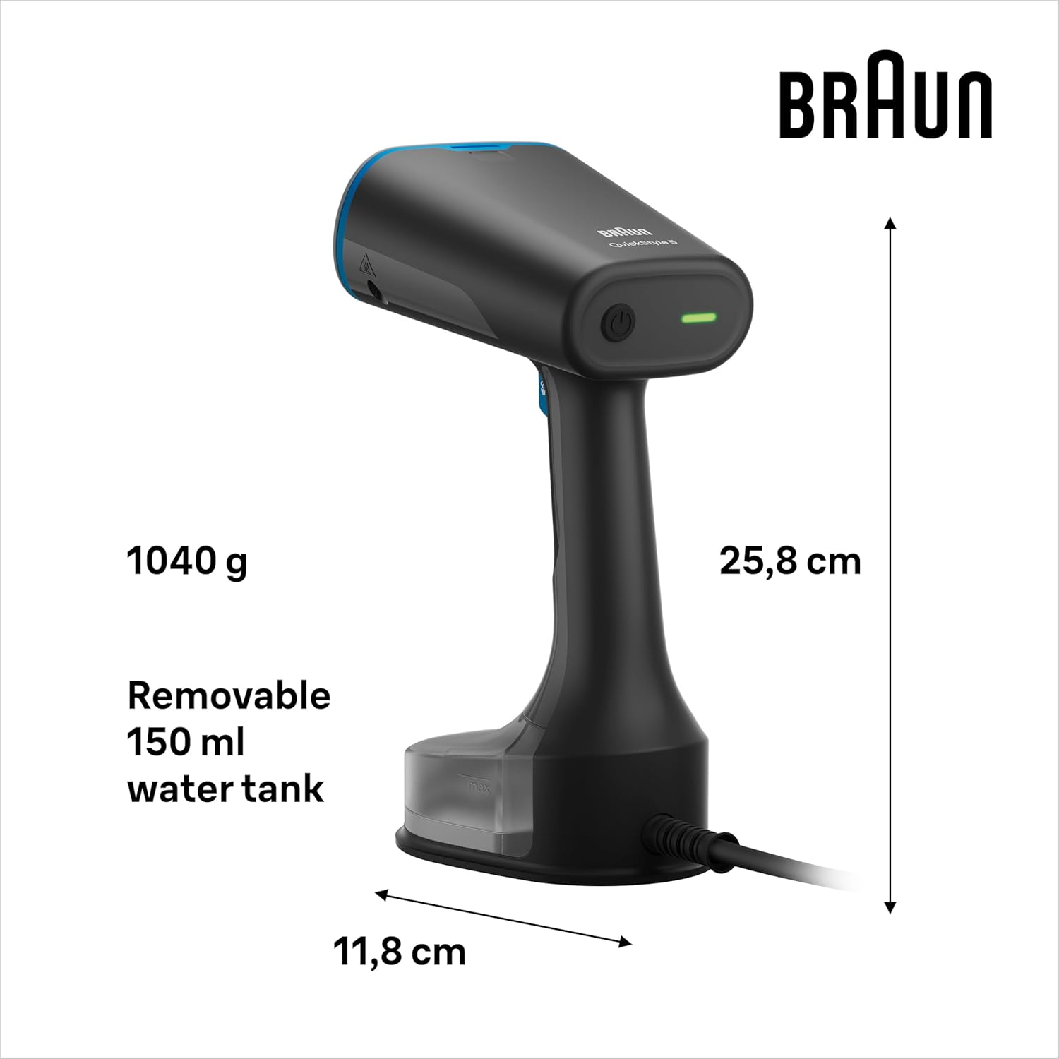 Braun Quickstyle 5 GS5031BL, Garment Steamer with Dual Plate Freeglide 3D, Handheld Steamer with Fastheating, Steam 22 G/Min, Capacity 150 Ml, Cord 2.5M, 1200W, Black/Blue image number 1