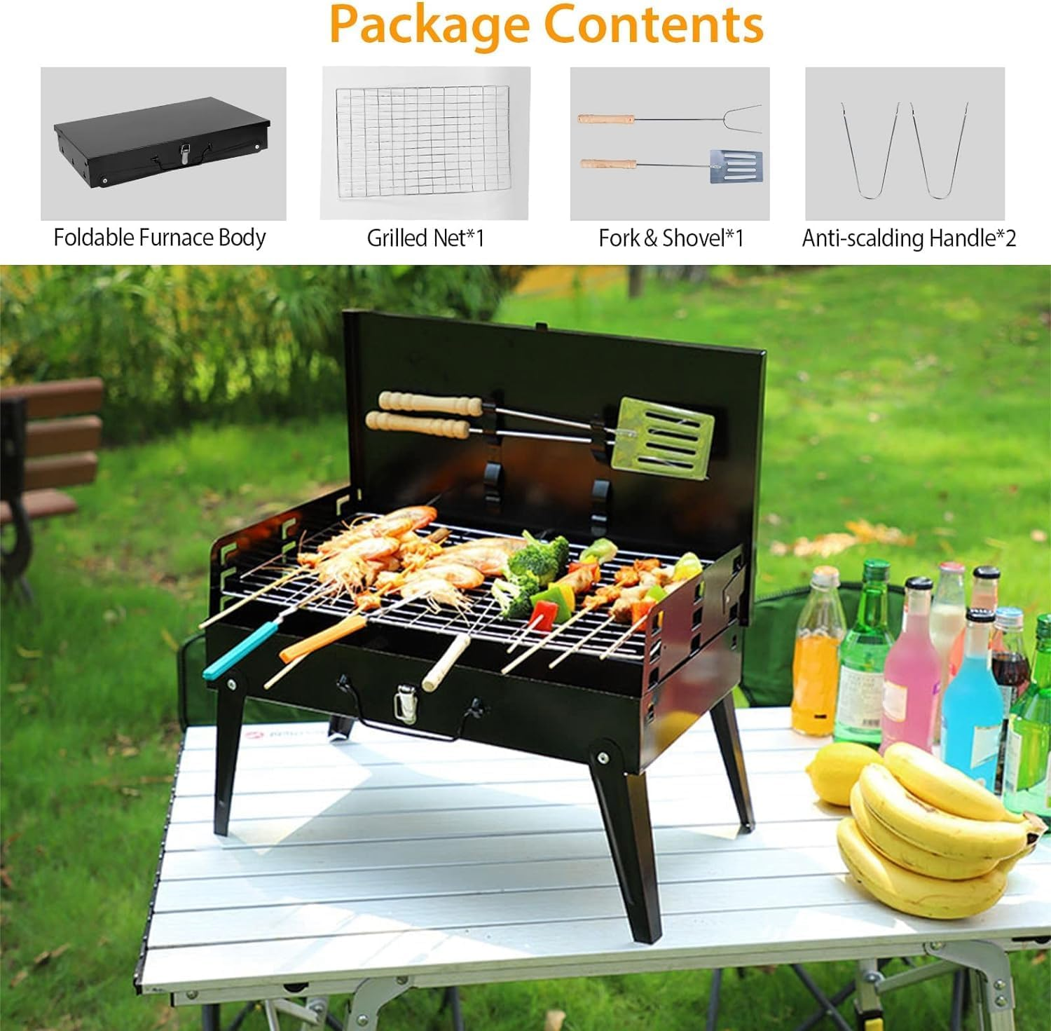 XICEN BBQ Grill Outdoor Folding, Foldable Camping Grill with Barbecue Accessories & Lid for Outdoor Cooking Camp Picnic Hiking Beach Patio Smokers image number 6