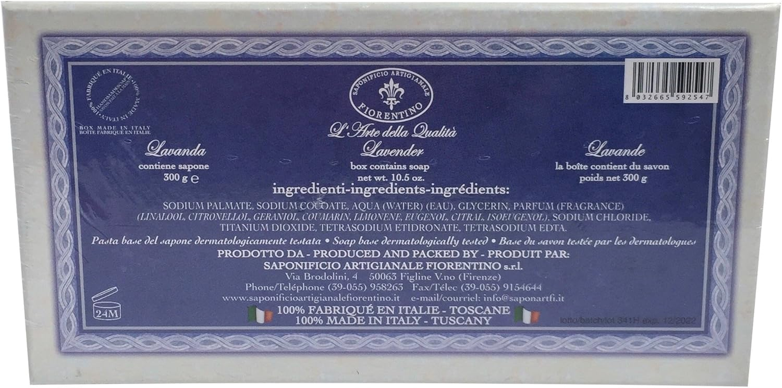 Bath Soap La Saponeria Firenze by Saponificio Artigianale Fiorentino Italian Spa Cleanser Made in Tuscany 10.5 Ounce Decorative Bar Lavanda (Lavender)