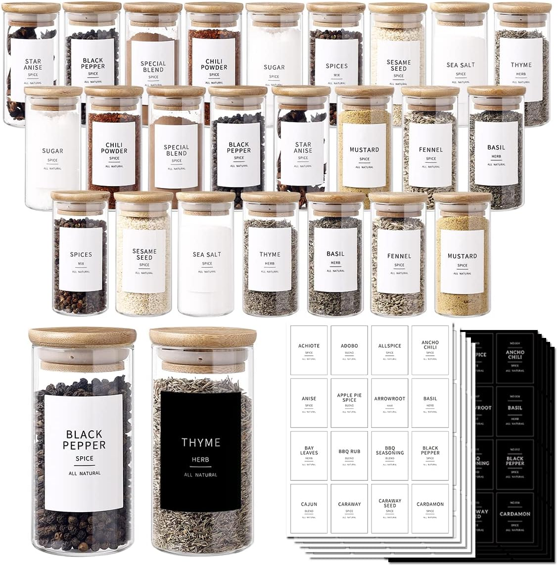 CZZGSM 24 Pcs Glass Jars with 296 Spice Labels Preprinted of White and Black Color- 4Oz Thicken(2.4Mm) Empty Small Herb Seasoning Containers with Bamboo Airtight Lids image number 4