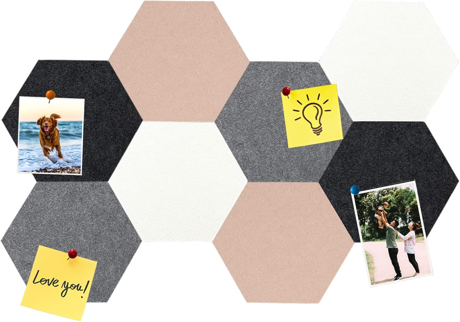 8Pcs Hexagon Felt Cork Board Tiles, Self Adhesive DIY Bulletin Board Pin Board for Office School Home Wall Decor Stickers Memos Photos Display (Camel & Grey)