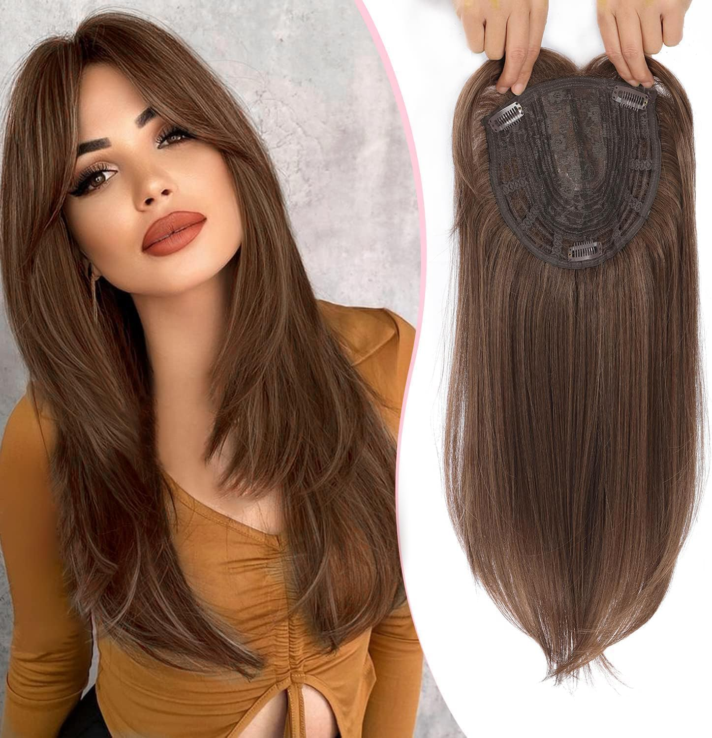 Long Wavy 18Inch Hair Topper Big Base Cover Thinning Clip in Hair Toppers for Women Fiber Wiglets with Fringe (Light Brown, 18 Inch)