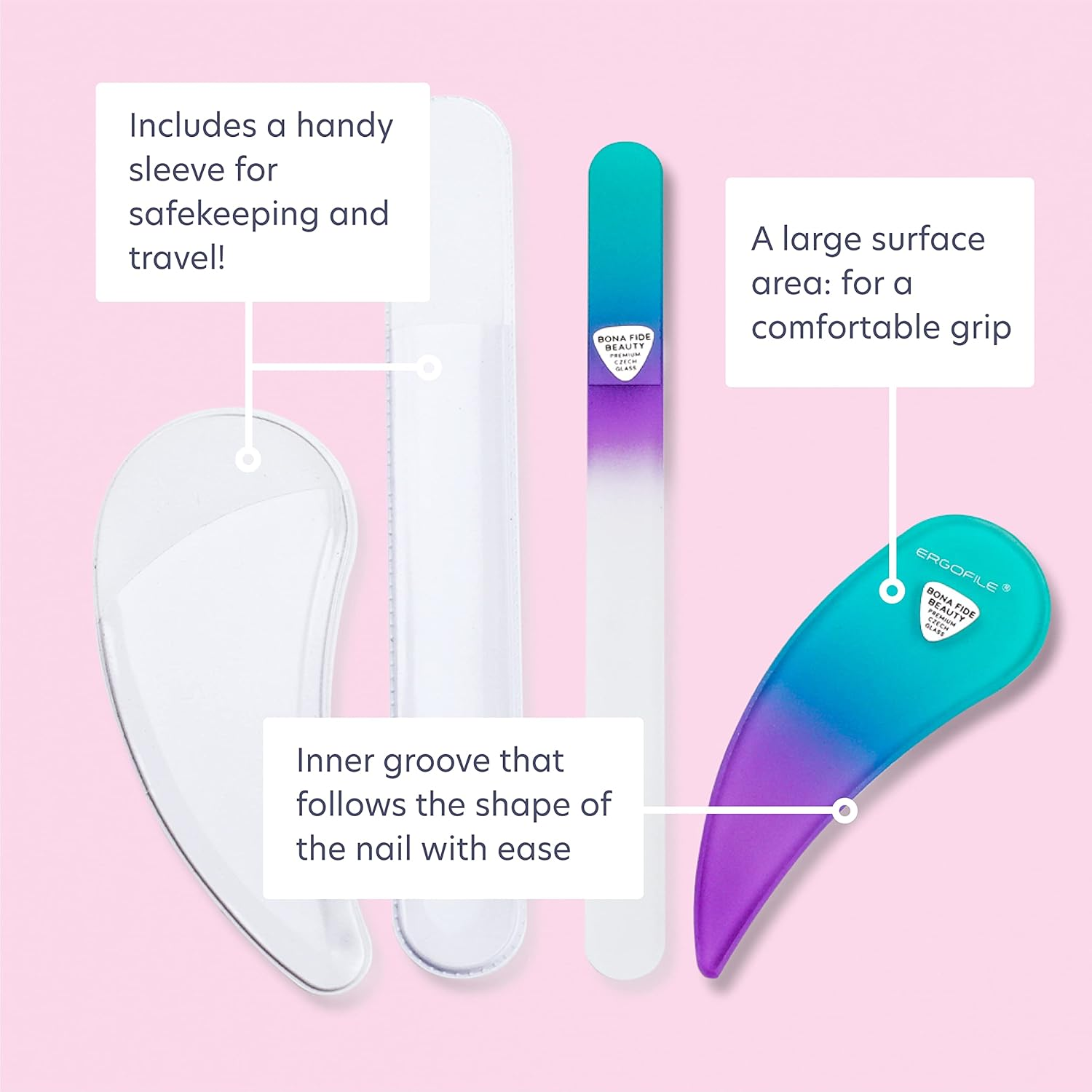 Bona Fide Beauty Ergonomic Nail File Set - 2PC Czech Glass Ergofile Set for Natural Nails and Acrylic Nails (Pastel Green and Violet) - Blue image number 5