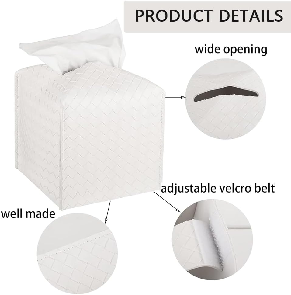 HYAVIA 2PCS PU Leather Tissue Box Cover &ndash; Square Tissue Holder with Braided Pattern and Bottom Strap, Modern Facial Tissue Organizer for Bathroom, Car, Office, Tabletop, Pearl White image number 1