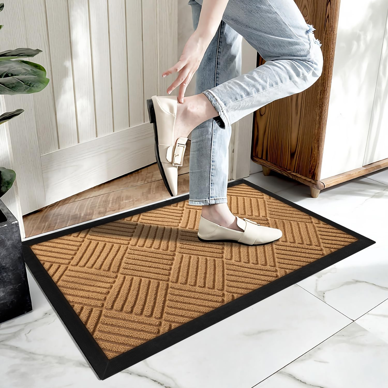 AAZZKANG Front Door Mat Non Slip Low Profile Outdoor Doormat Quick Trap Dirt Easy to Clean Welcome Mats for Entrance,High Traffic Areas,Indoor,Heavy Duty Brown image number 1