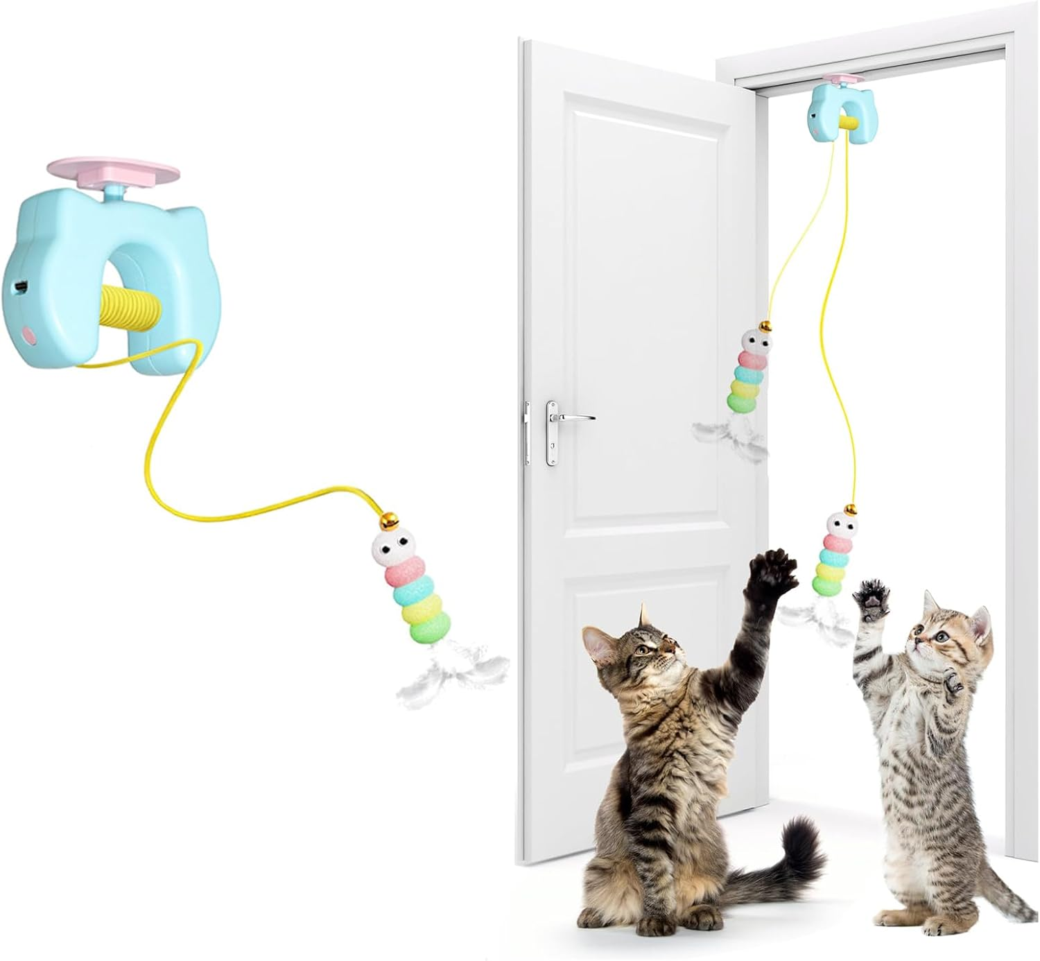 Upgraded Interactive Cat Toy with 2 Replaceable Feather Tops & 1.8M Long Rope | Hanging Toy for Door & Wall | Automatic Retractable Feather Toy for Indoor Cats | Kitten Chase Exercise Playing image number 6