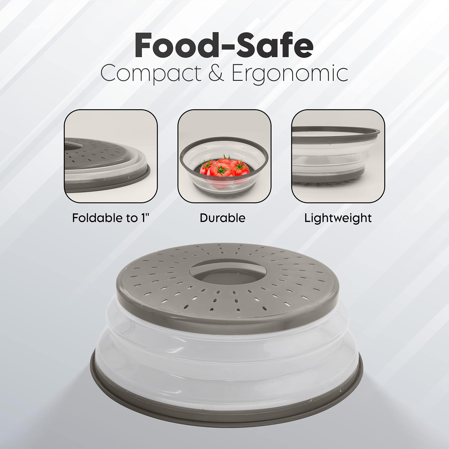 Microwave Cover for Food, Collapsible Microwave Splatter and Plate Covers Easy Grip Lid and Food Strainer, BPA Free and Dishwasher Safe, 10.5", Grey - by Rampro image number 1