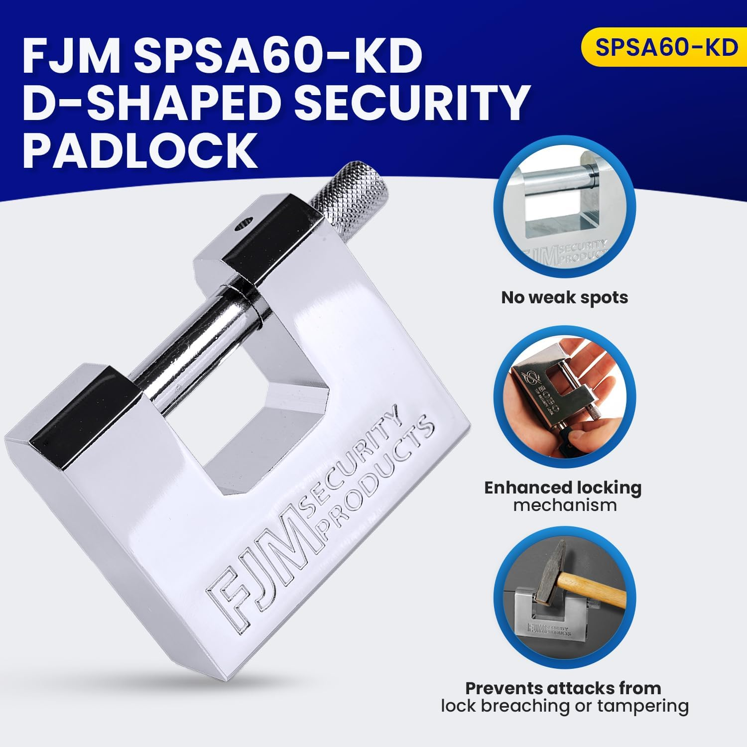 FJM Security Products FJM SPSA60-KD SPSA60-CR Triple Chrome Plated D-Shaped Security Padlock, 2-3/8 image number 2