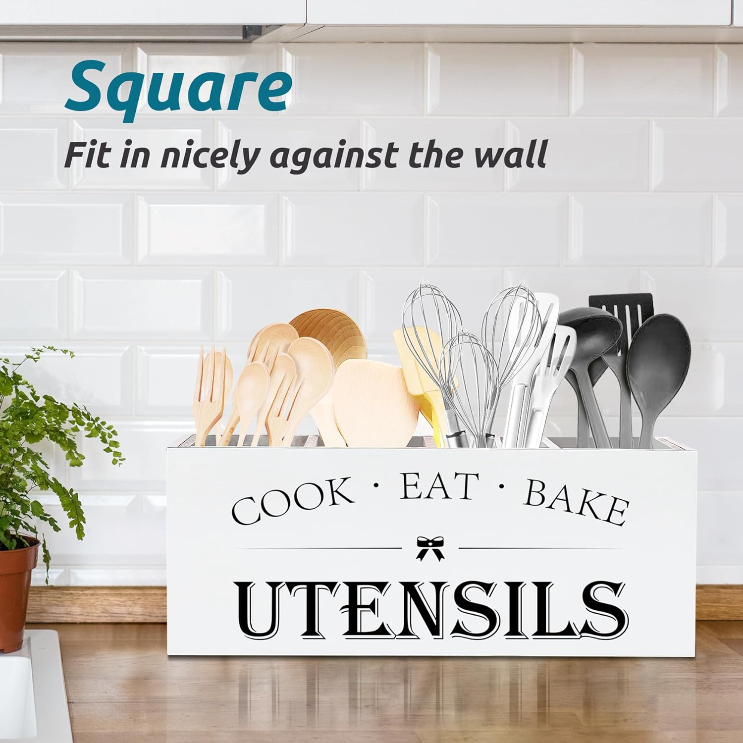 Suli Extra Large Kitchen Utensils Holder with 4 Compartments, Wooden Utensil Organizer for Countertop, Farmhouse Kitchen Decor, Rustic Cooking Utensil - White image number 6