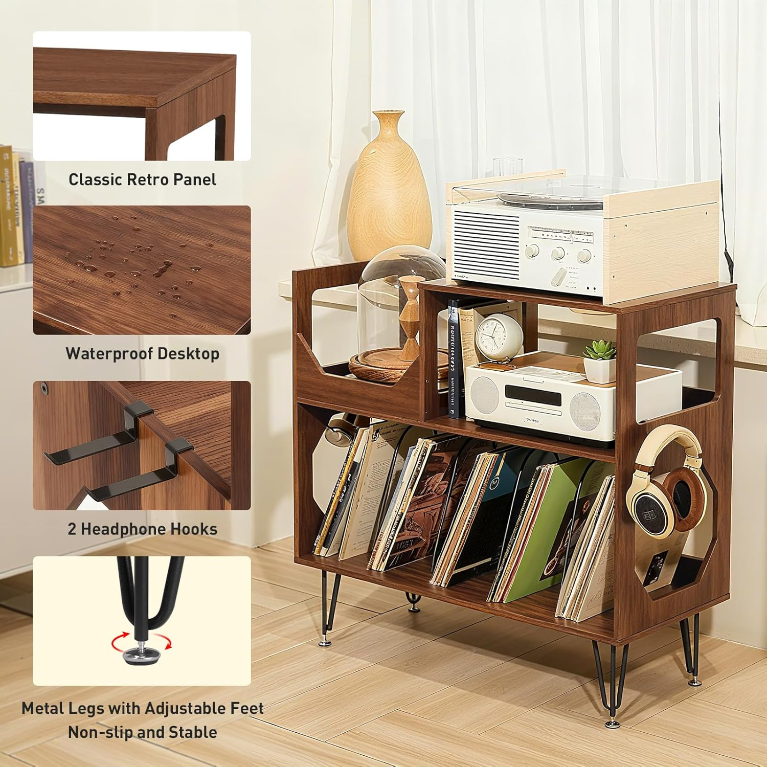 Large Record Player Stand, Vinyl Record with Storage, 2 Tier Record Player Cabinet for up to 370 Albums Turntable Stand with Vinyl Display Area and Metal Legs for Music Room Living Room - Walnut Brown image number 3