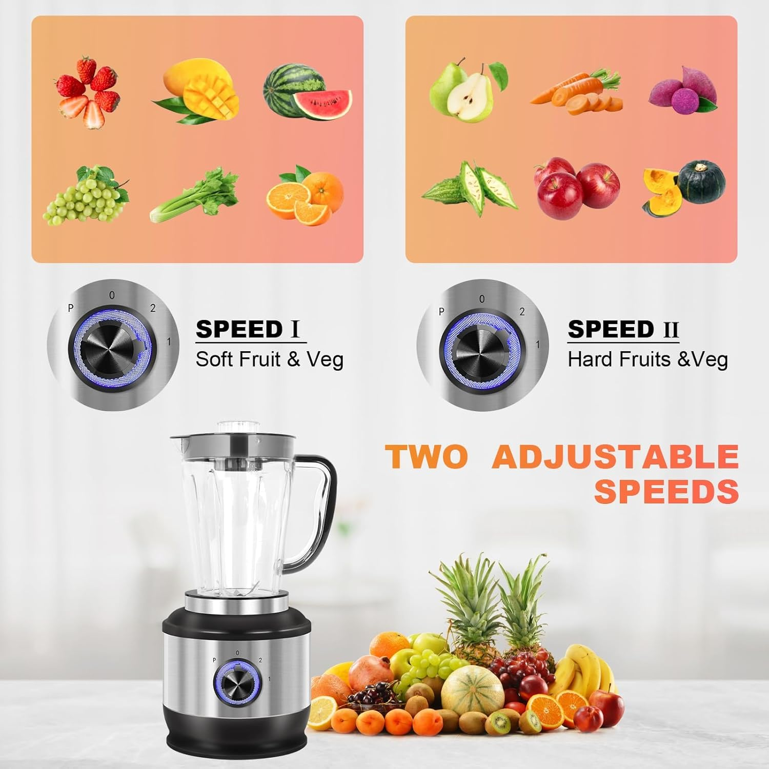 1000W Multifunction Blender and Food Processor - 4 Functions for Grinding, Mincing, Straining | 70Oz 3 Speed | Stainless Steel image number 2
