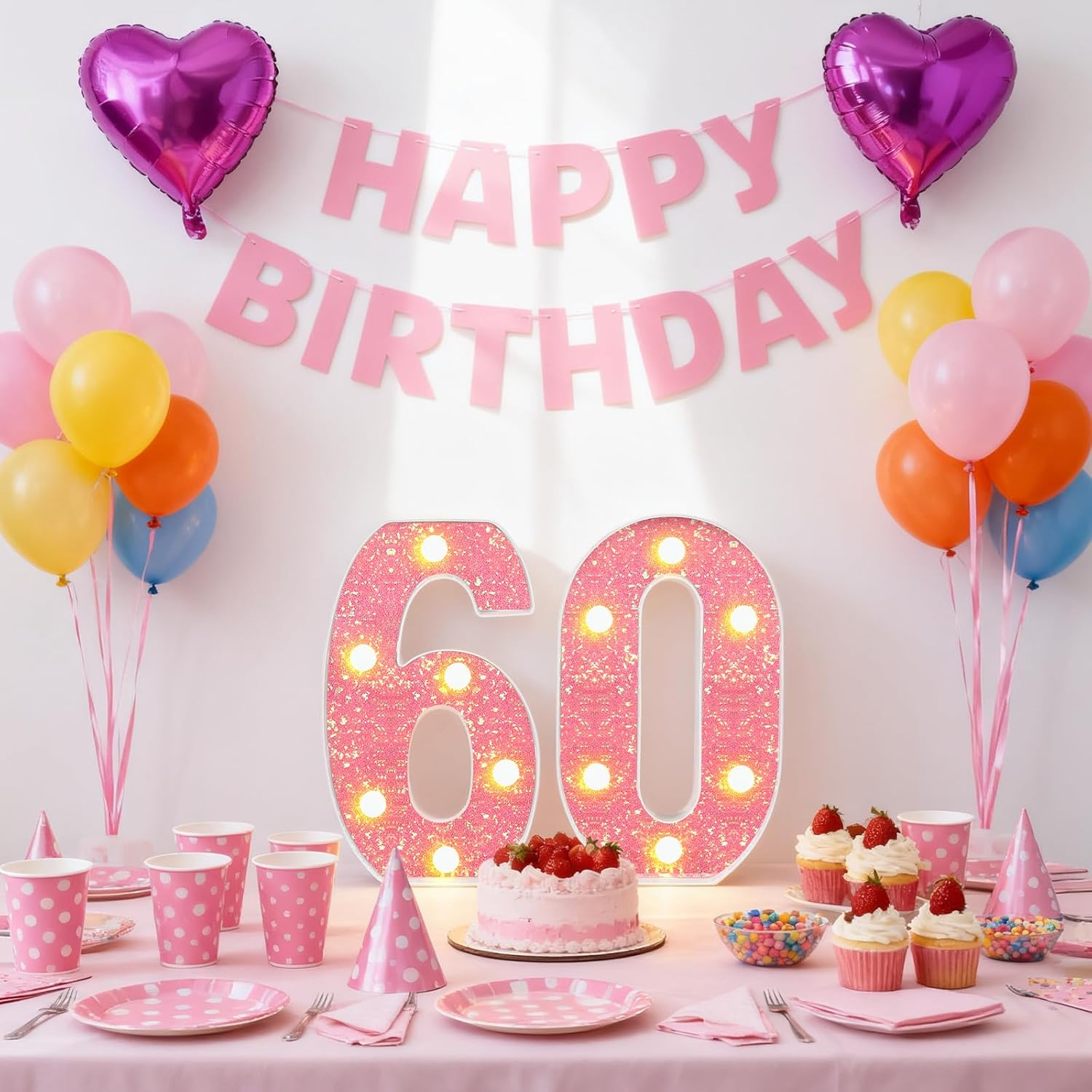 60Th Birthday Decorations LED Light up Numbers, Pink Marquee Lights Number 60 Sign for Girls Birthday Party Anniversary Home Decor image number 4