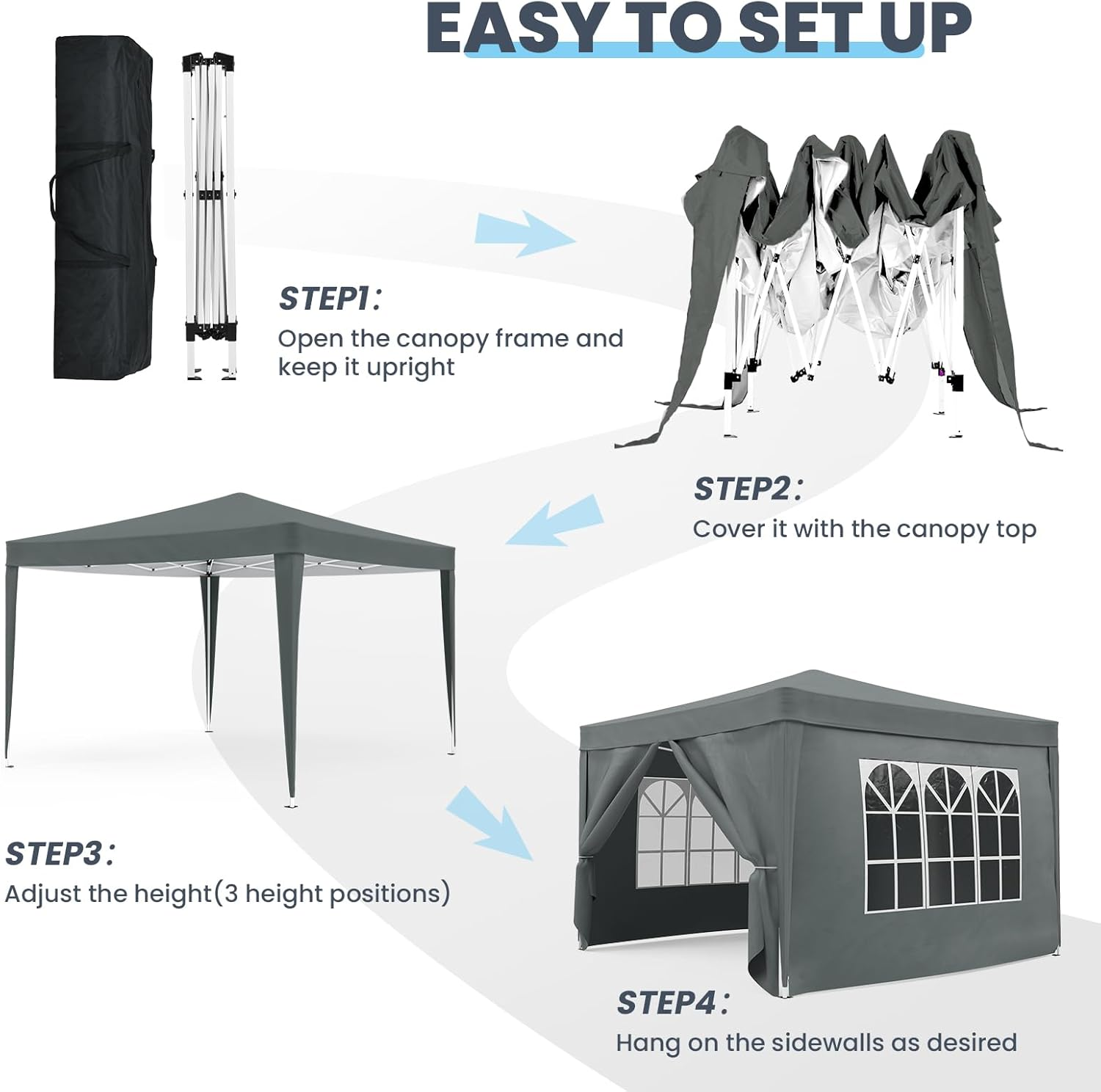 3X3M Gazebo Canopy Tent Marquee Pop up Gazebo Outdoor Wedding Patio Party Tent Folding Sun Shelter with Detachable Sidewalls Grey image number 3