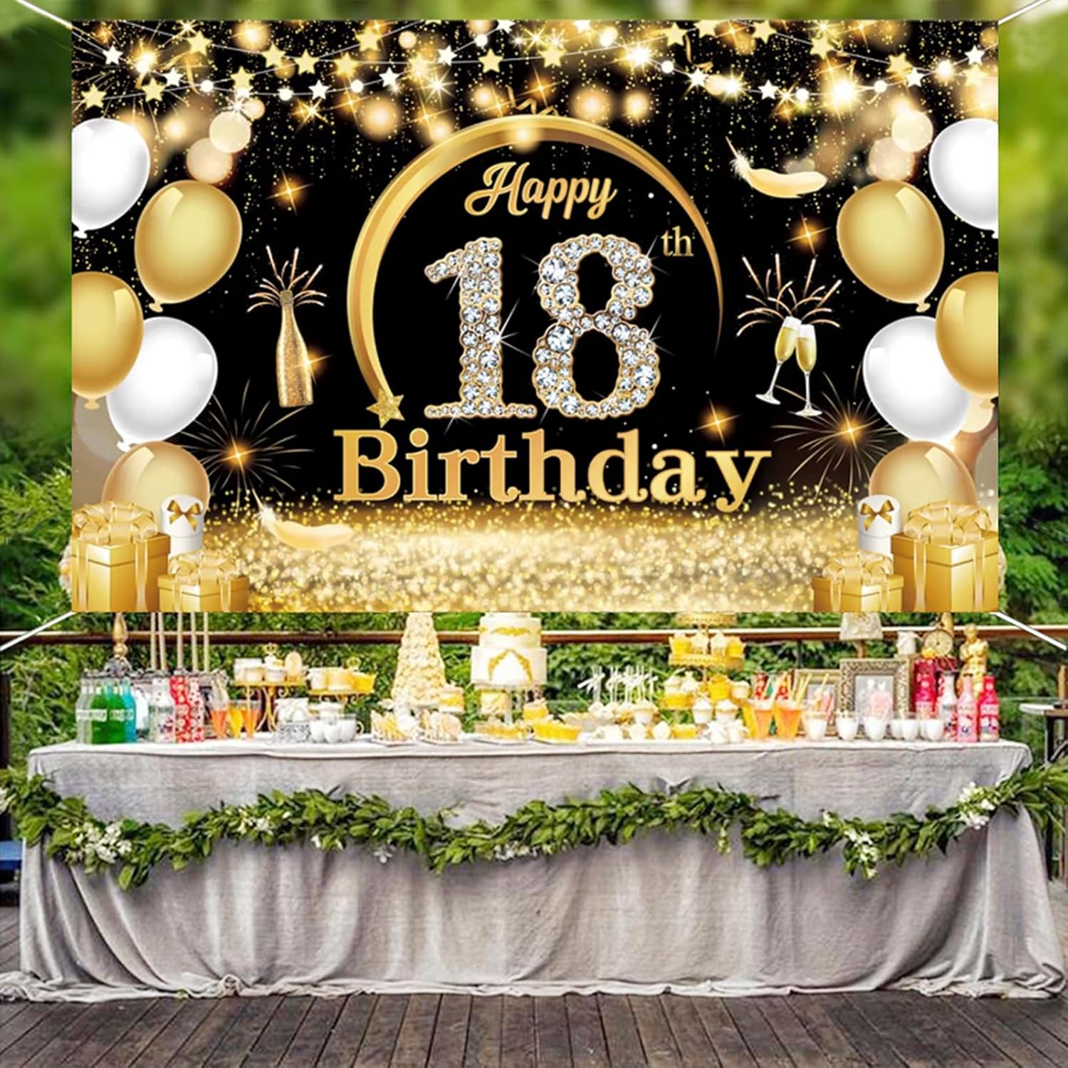 Happy Birthday Banner Backdrop Extra Large (185 X110Cm) Black Gold Theme Birthday Party Background Decorations Supplies for Boys Girls Indoor (18Th) image number 4