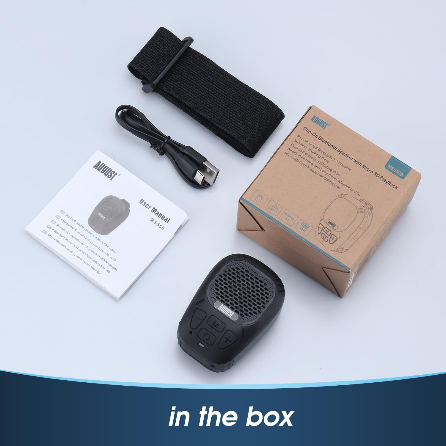 August MS550 Portable Bluetooth 5.3 Clip-On Speaker with Magnet and Microphone - 30 Hour Battery, IP56 Waterproof, Hands Free Calling, Micro SD for MP3 - Outdoor Speaker for Cycling, Hiking, Camping image number 2