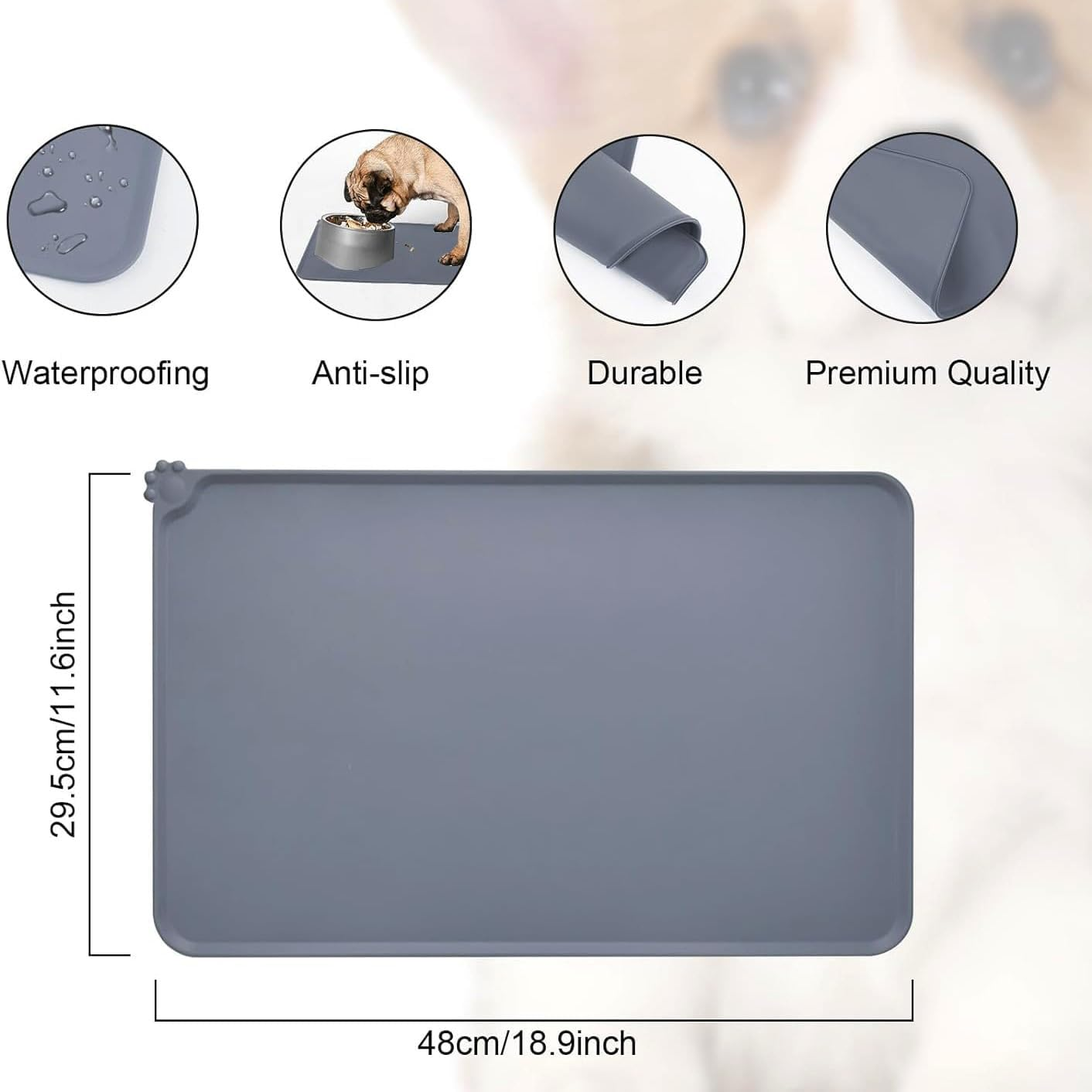 Mumoo Bear Silicone Pet Feeding Mat, Waterproof Dog Cat Food Mat with Raised Edges, Dog Cat Water Bowl Placemats for Food and Water Prevent Spill for Pets-Grey - Grey image number 6