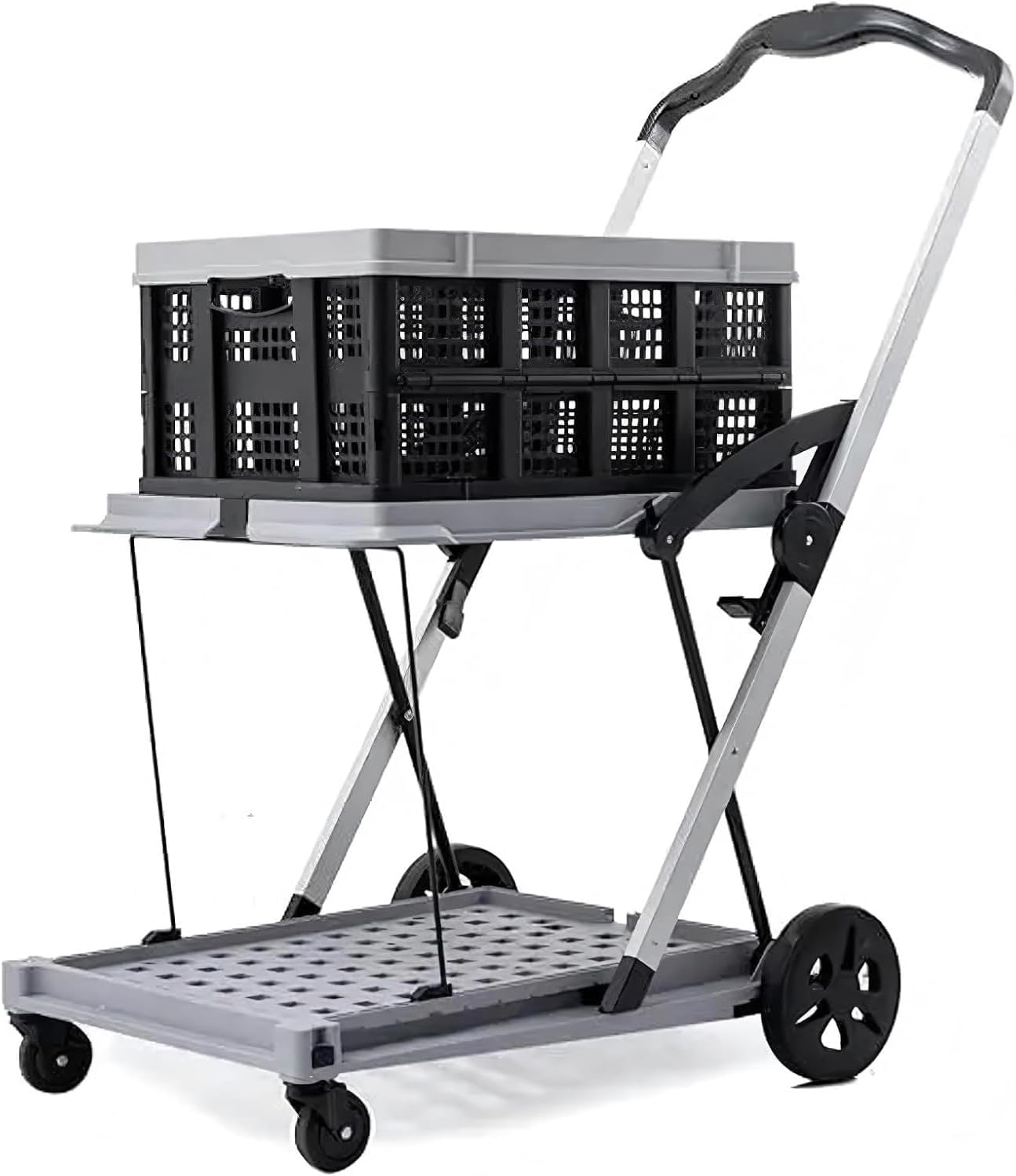 Folding Shopping Cart 2 Tier Multi Use Mobile Trolley Functional Collapsible Carts with Wheels and Removable Folding Storage Crates, for Groceries,Camping,Garage, Supermarket (Single Layer) image number 3