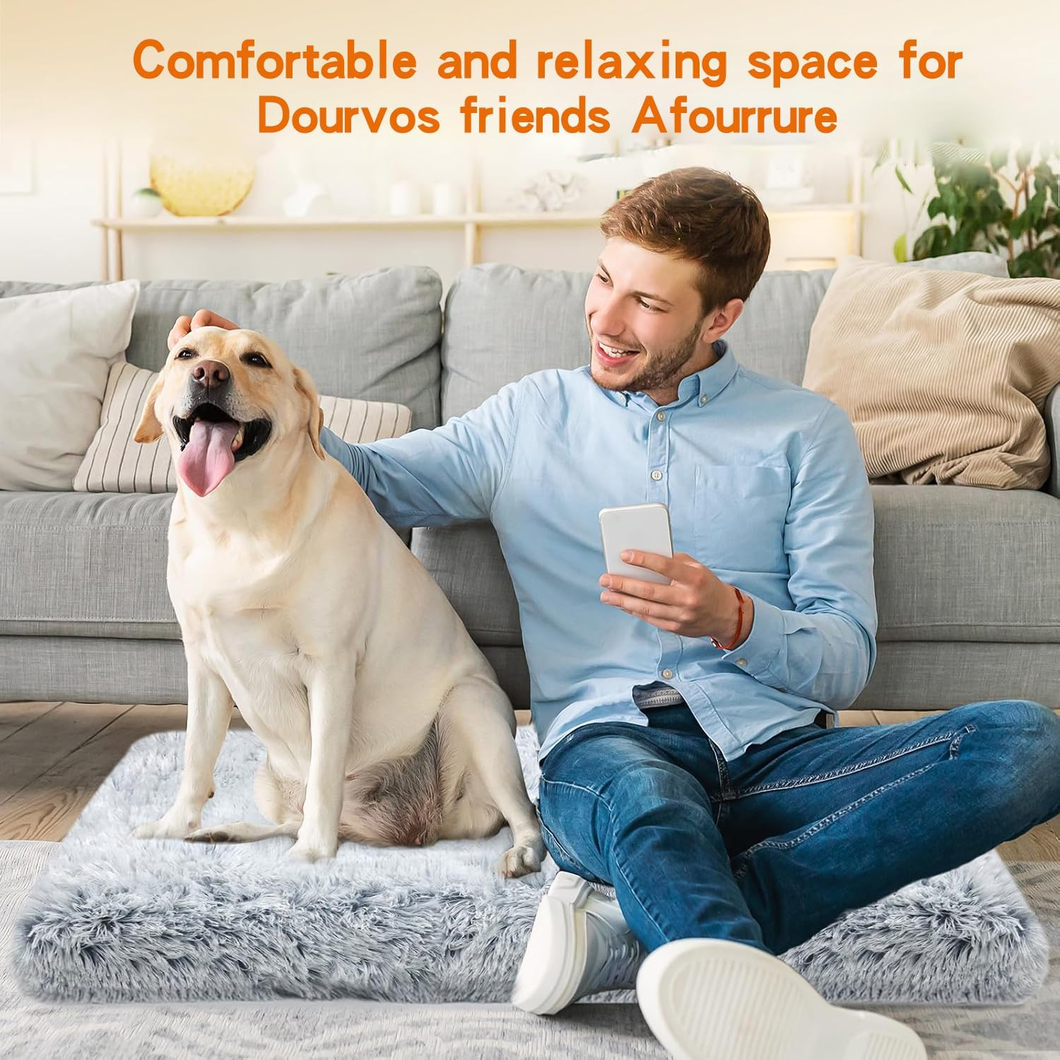 Washable Dog Bed for Large Dogs, Waterproof Memory Foam Pet Sleeping Mat, Fluffy Faux Non-Slip and Egg-Crate Foam Big Dog Couch Bed (Grey)