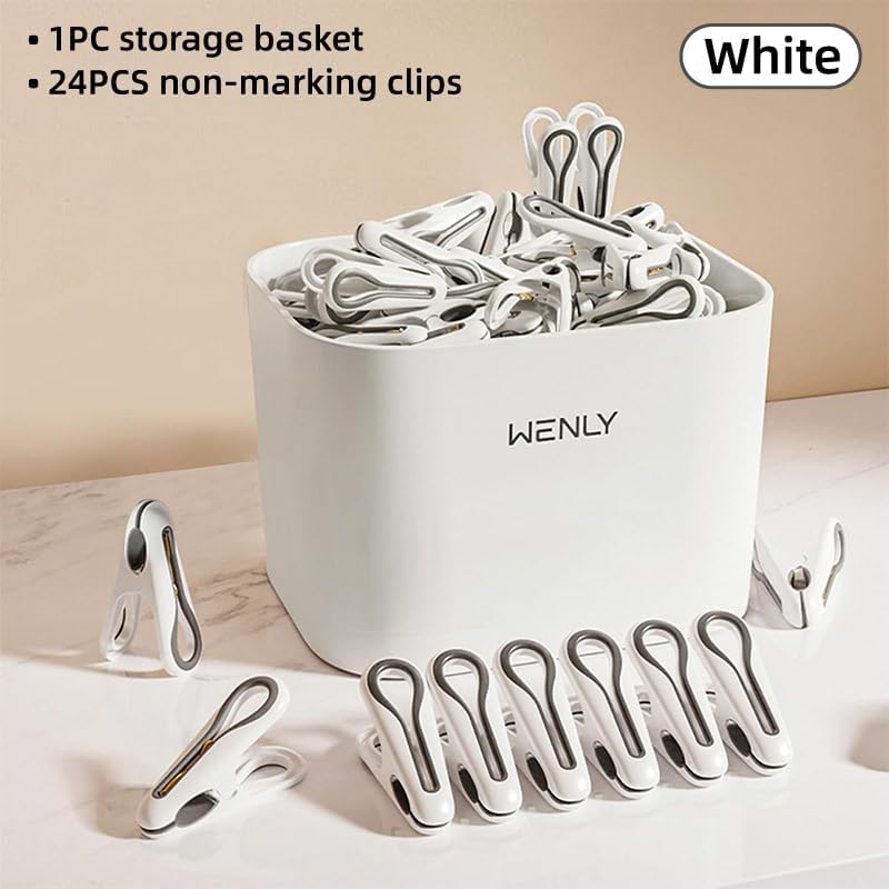 AIMALL 24 PCS Non-Marking Clothes Hanging Clips - Windproof Anti-Slip Hosiery Clips with Storage Basket for Home, Dormitory, and Household Use