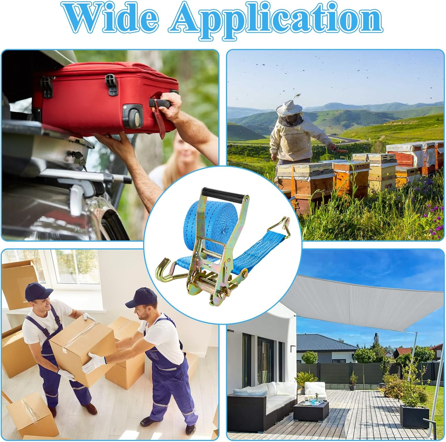 VIDETOL Pack of 2 Tie down Straps with Ratchet and Hook, 3 M 50 Mm Ratchet Straps Lashing Straps Two-Piece 4T Heavy Duty Lashing Strap Blue for Load Securing, Camping and Luggage Removal image number 6