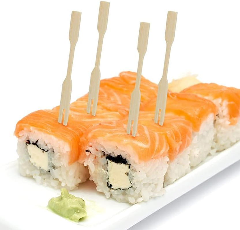 AIMALL 1000X Bamboo Catering Forks Pickings Sticks Cocktail Finger Food BBQ - 3.5 Inch Disposable Tongs for Appetizers, Finger Foods, BBQ & Parties