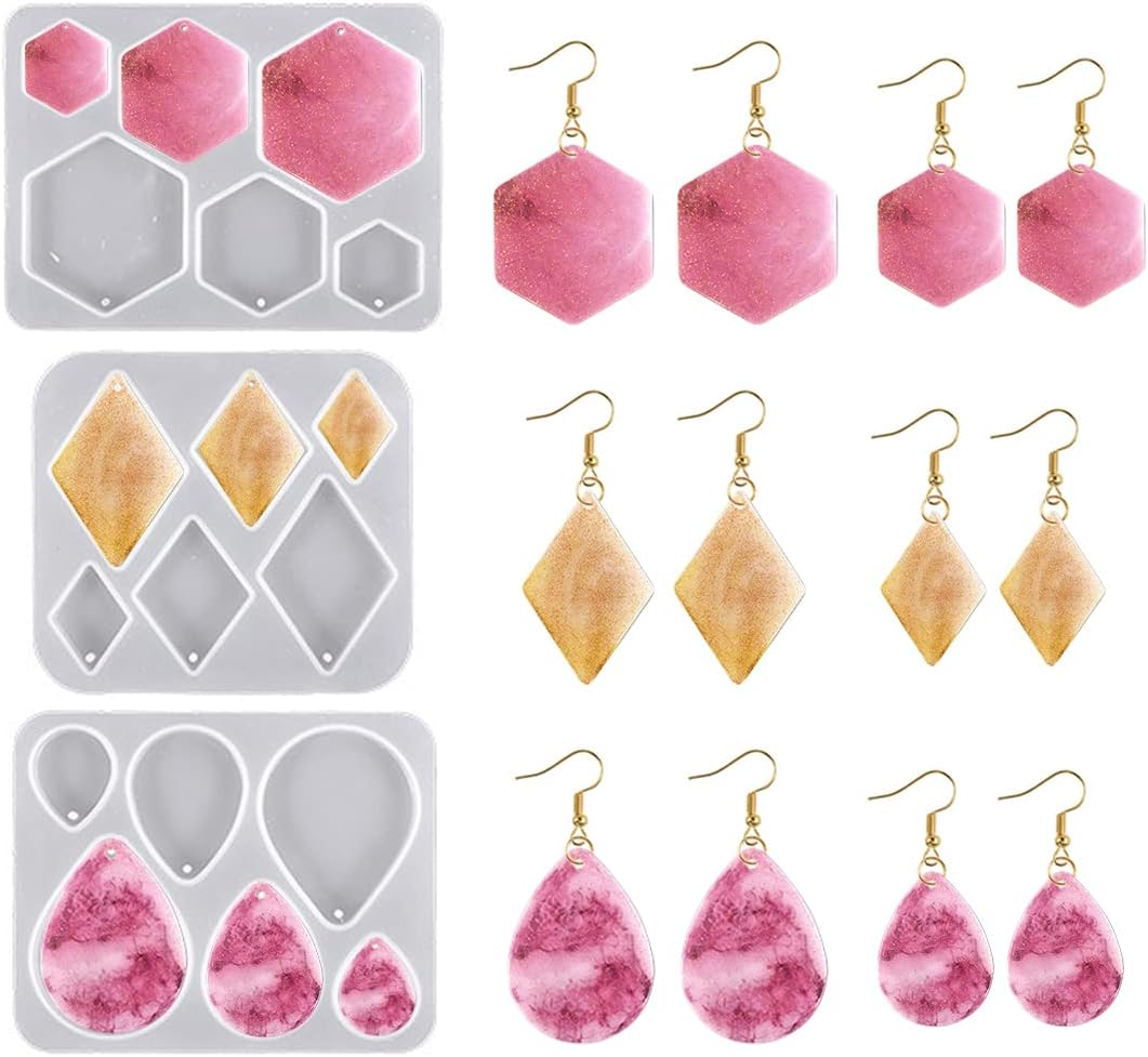 Nifocc Pack of 3 Jewellery Epoxy Resin Moulds Pendant Necklace Earrings Silicone Moulds Teardrop Diamond Hexagon Jewellery Casting Resin Moulds Casting Mould Crystal Casting Mould for DIY Crafts image number 1