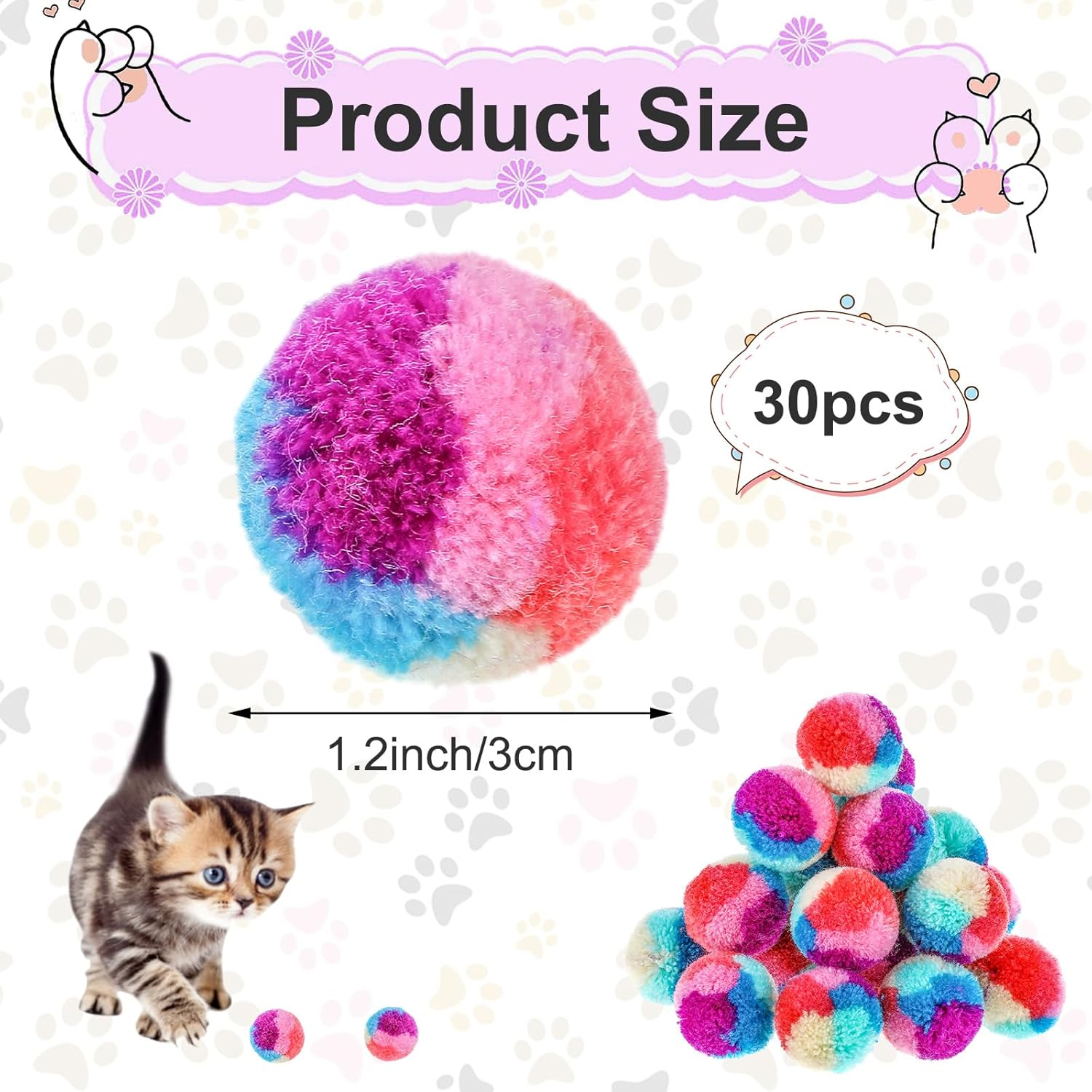 30PCS Cat Toys Balls 1.2'' Pom Pom Balls, Interactive Christmas Yarn Puff Cat Ball Pet Toys, Rainbow Small Plush Kitty Soft Balls, Training Fuzzy Cat Balls for Exercise and Entertainment, Multicolor