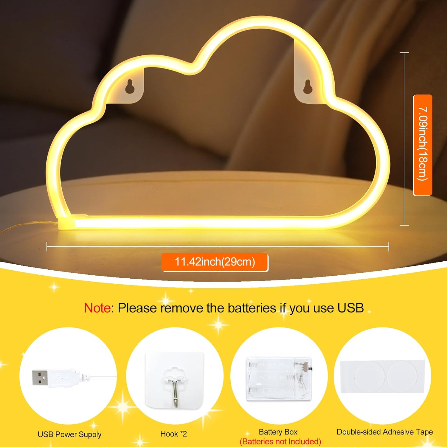 Gpurplebud Cloud Neon Sign, LED Cloud Sign Shaped Decor Light Warm White
