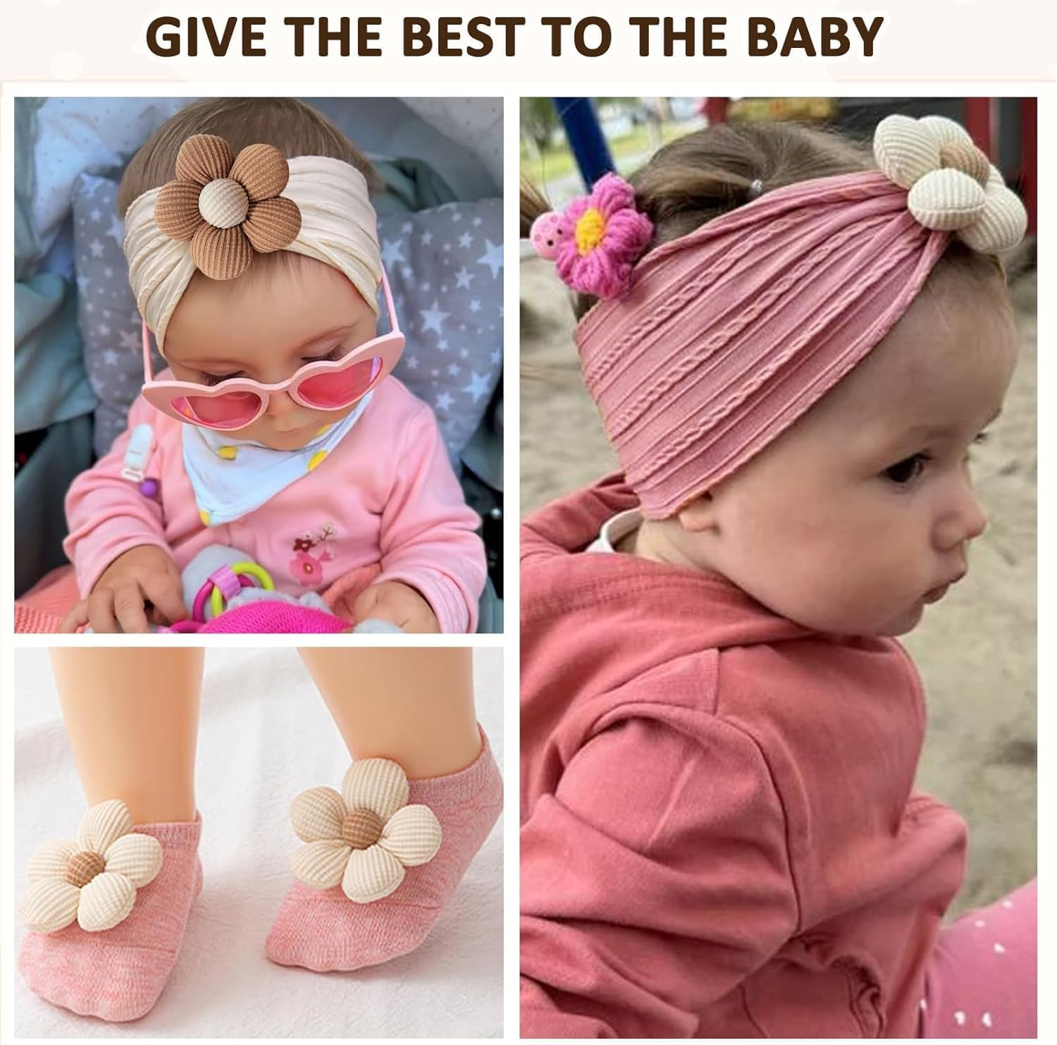 Baby Girl Headbands and Socks,Non-Slip Grips Socks Flower Soft Hairbands Hair Accessories for Infant Toddler Kids (US, Age, 6 Months, 12 Months, Pink Beige) image number 5