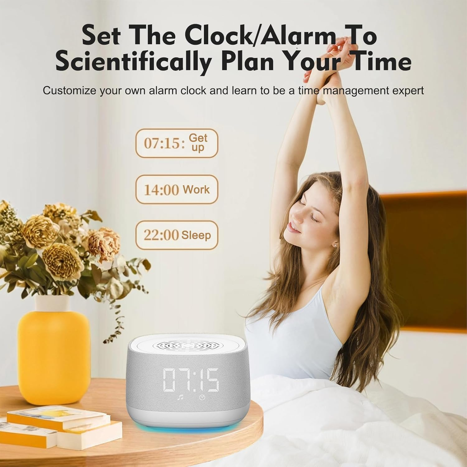 White Noise Machine & Alarm Clock with Bluetooth Music Player,14 Soothing Sound,7-Color Night Light,3-Timer Sleep Timer,Volume Control,Portable Hatch Sound Machine for Sleep/Office/Travel(White) image number 4