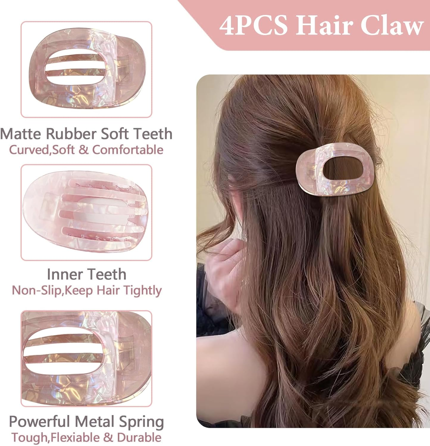 Yeomju Pack of 4 Acetate Flat Hair Clips, Flat Claw Clip for Women, Candy Colour Lay down Hair Clip for Thick and Thin Hair, Comfortable, Curved Flat Clips