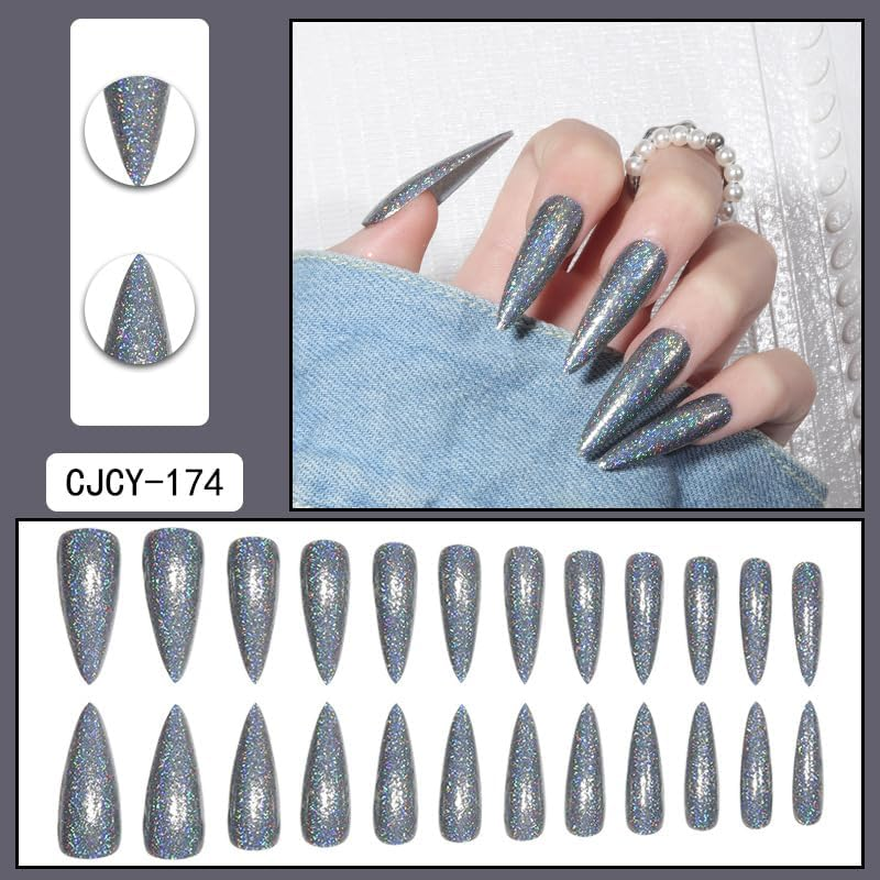 Press on Nails 24Pcs French Tip False Nails Long Almond Full Cover Acrylic Nails Laser Glitter for Women Girls Salon Home DIY Detachable Nail Art Deco Silver image number 2