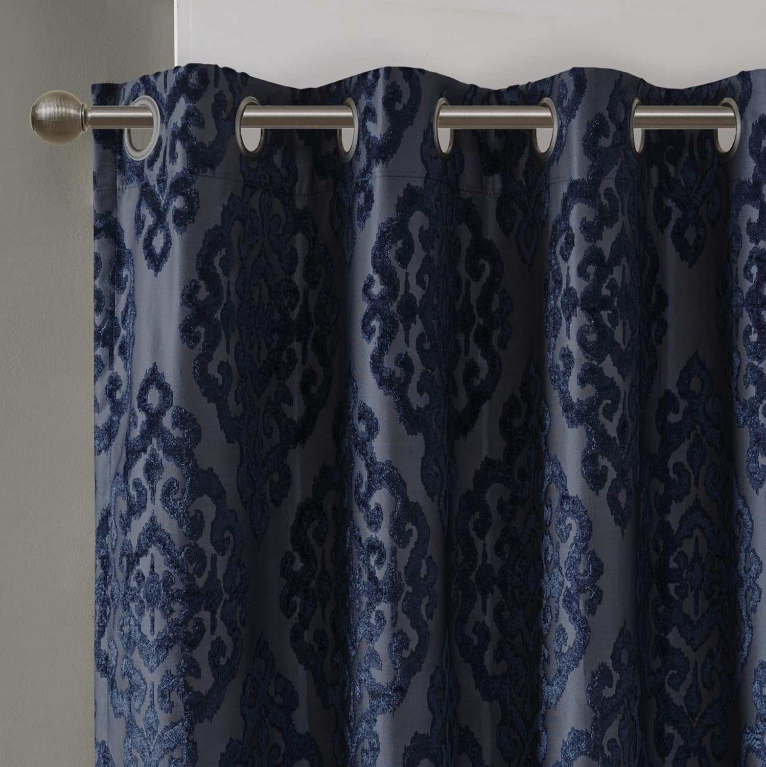 Sun Smart Mirage 100% Total Blackout Window, Knitted Jacquard Damask Room Darkening Curtains Panel with Grommet Top, 50X84, Navy