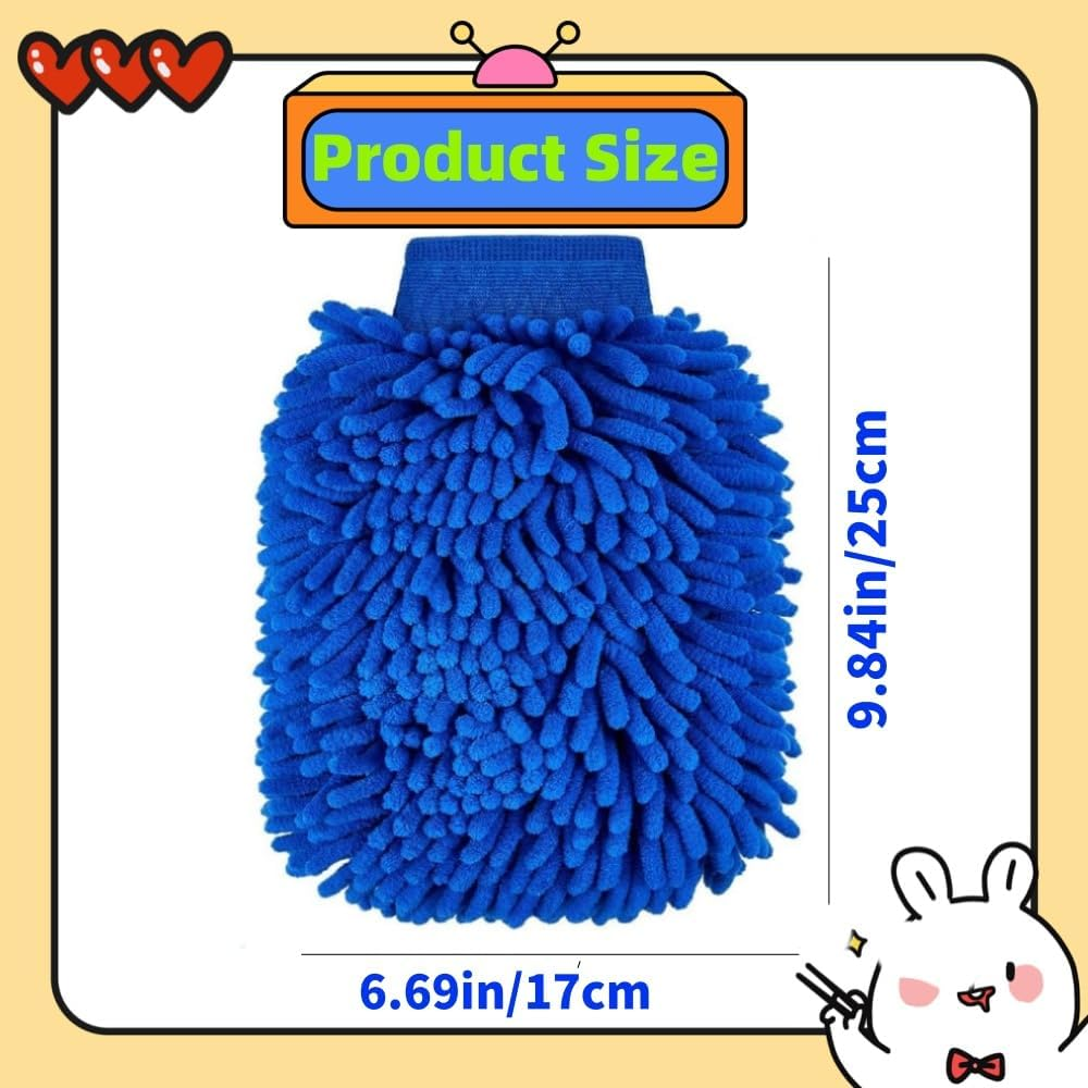 2 Pcs Car Wash Mitt Double Sided Soft Microfiber Glove Machine Washable Chenille Durable for Cleaning(Blue & Yellow) image number 3