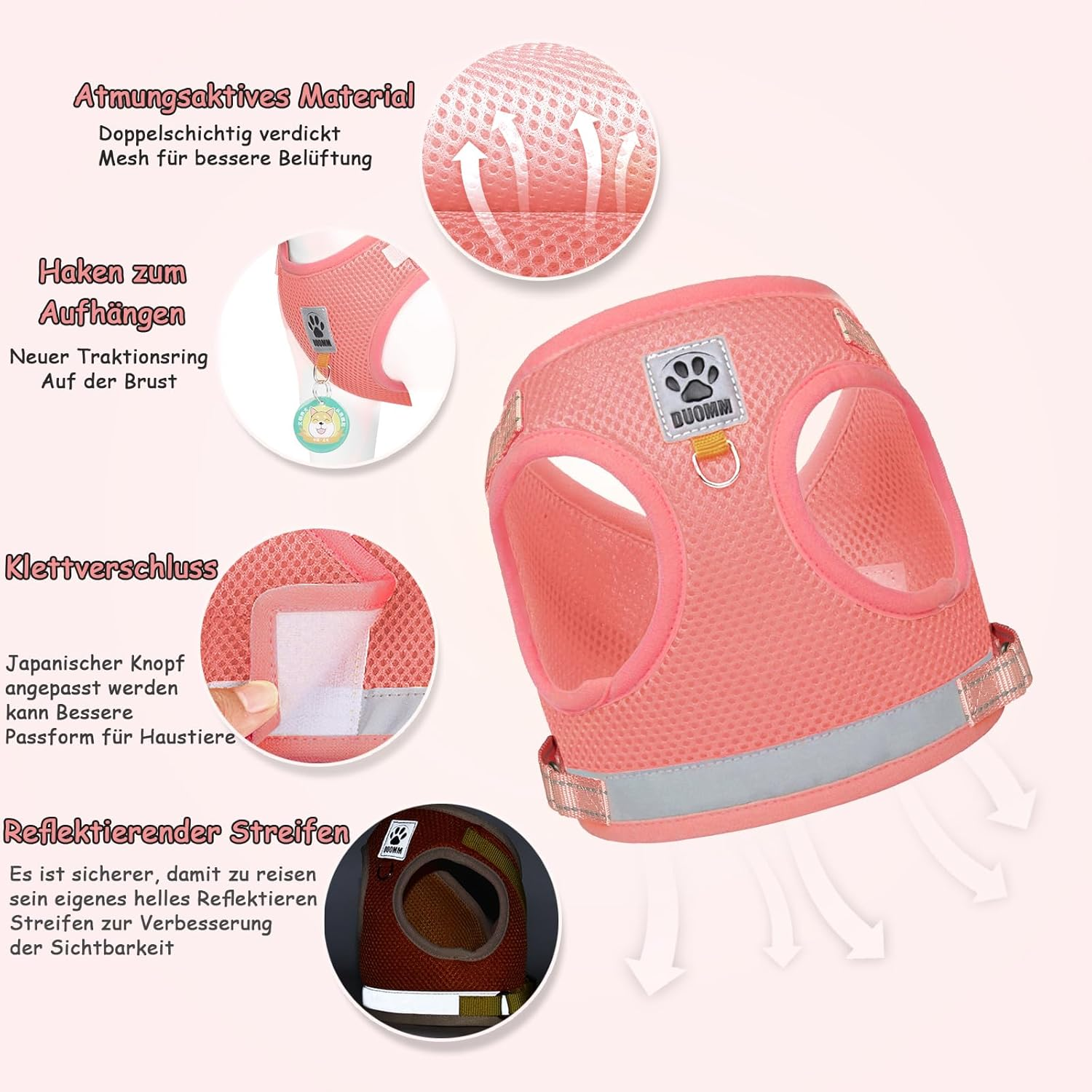 Grantop Cat Lead Set for Cats, Polyester Adjustable Cat Harness with Lead, Cat Vest with Reflective Strips for Kittens, Dogs (Pink, L) image number 6