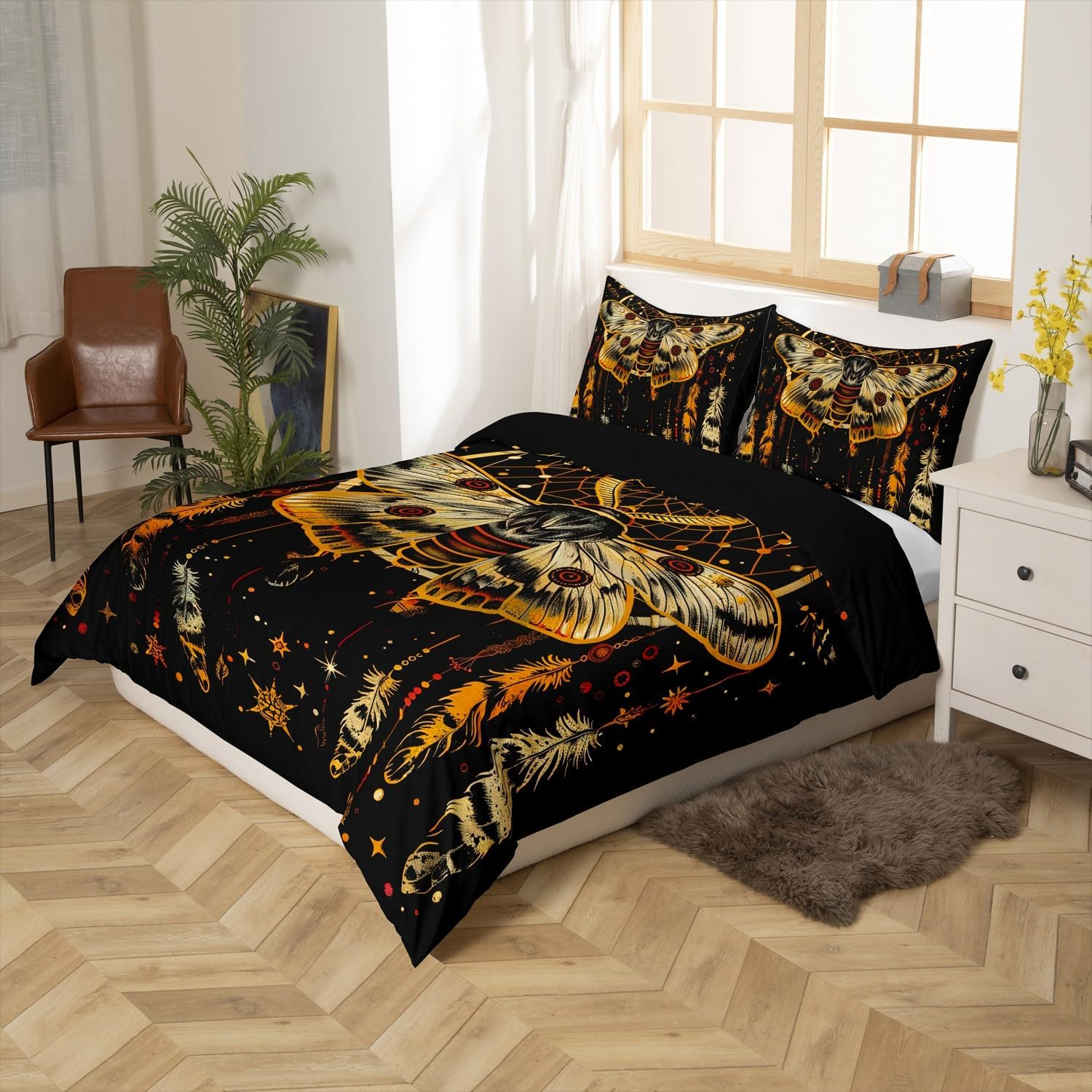 Death Psychedelic Moth Duvet Cover Single Size,Star Moon Comforter Cover for Adults Kids Bedroom Decor,Dream Catcher Feathers Exotic Charm Decorative Bedding Set(No Comforter),1 Pillowcase