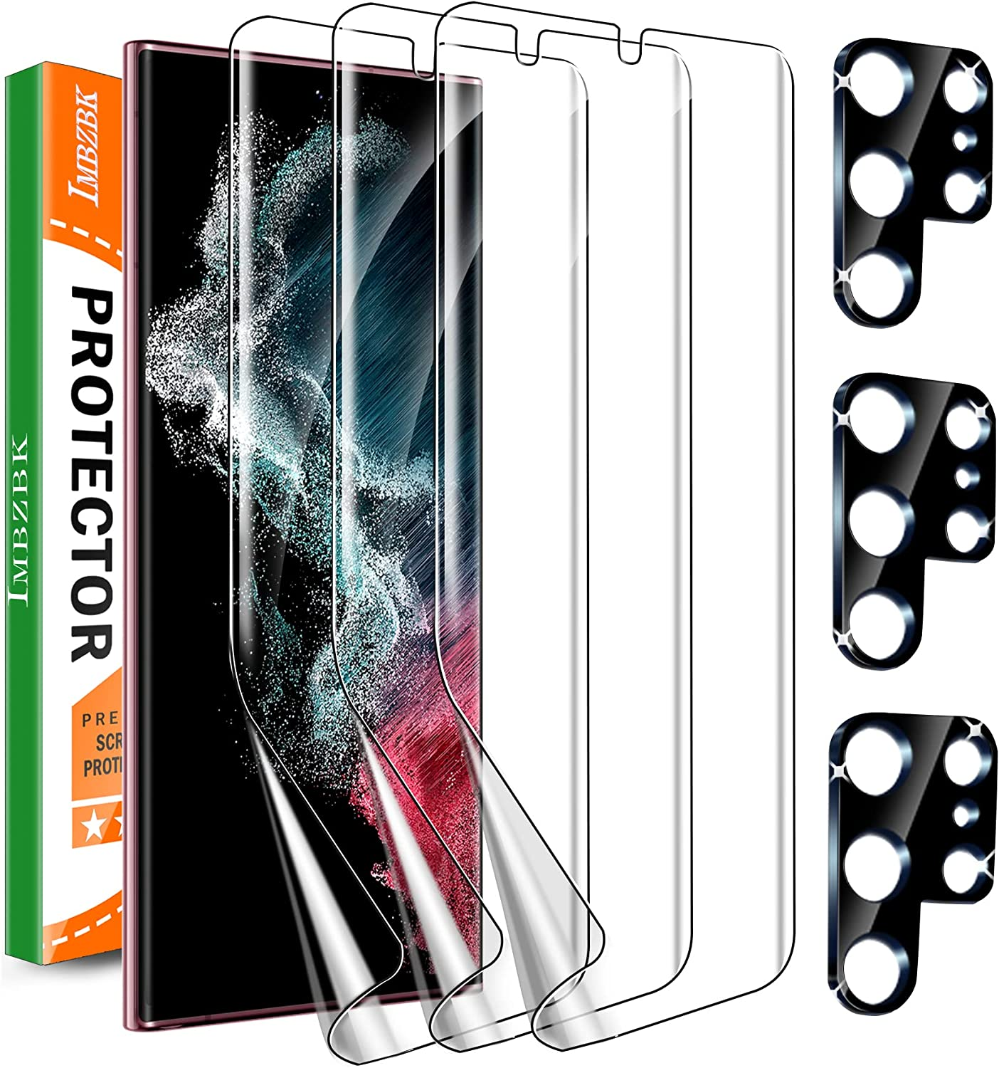 IMBZBK [3+3 Pack for Samsung Galaxy S22 Ultra 5G Screen Protector [Not Glass], 3 Pack Flexible TPU Film with 3 Pack Tempered Glass Camera Lens Protector, Fingerprint Compatible, Case Friendly image number 1