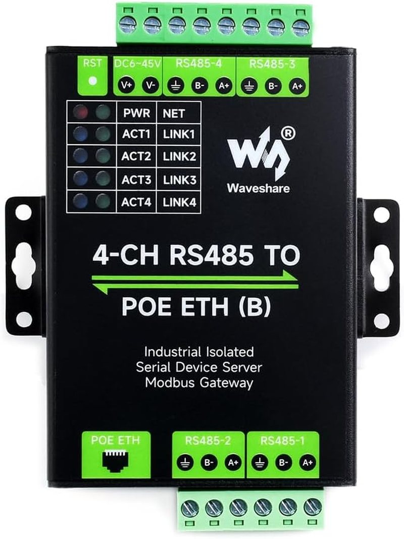 Waveshare 4-Ch RS485 to RJ45 Ethernet Serial Server, 4 Channels RS485 Independent Operation, Rail-Mount Industrial Isolated Serial Module, Modbus Gateway, Poe Ethernet Port image number 4