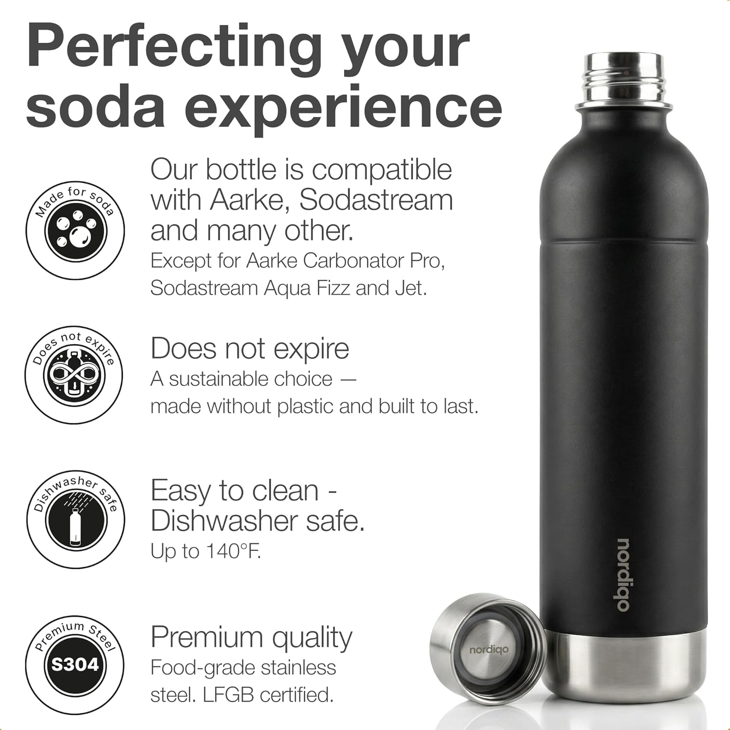 Premium Stainless Steel Carbonation Bottle 1 L / 1000 Ml | Compatible with Aarke Carbonator 3, Sodastream (Excl. Crystal + Jet) and Many Others | Dishwasher Safe, No Expiry Date, BPA Free