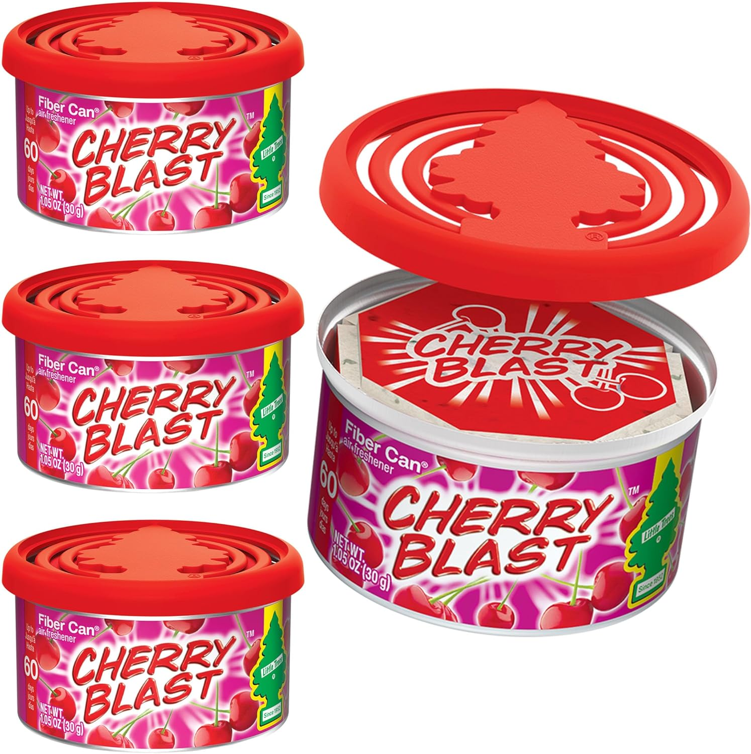 Little Trees Car Air Freshener. Fiber Can Provides a Long-Lasting Scent for Auto or Home. Adjustable Lid for Desired Strength. Cherry Blast, 4 Air Fresheners