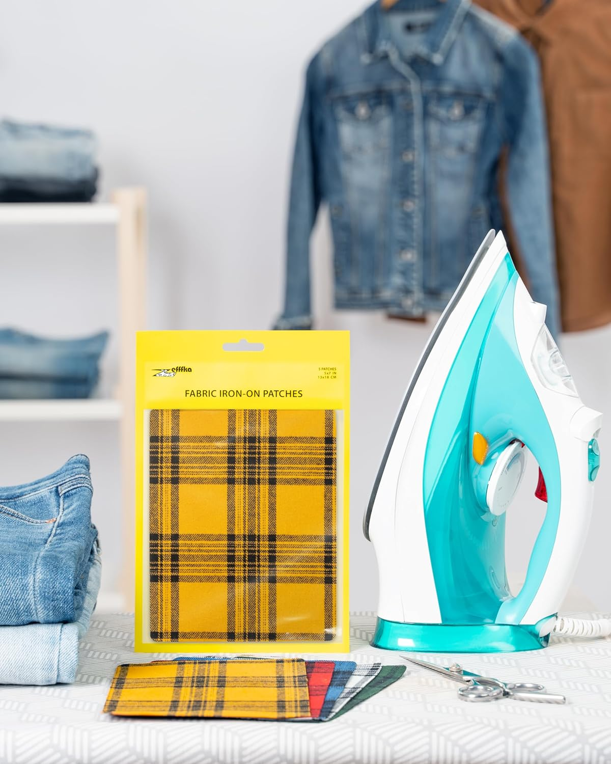 ZEFFFKA Premium Quality Large Plaid Tartan Fabric Iron-On Patches inside & outside Strongest Glue 100% Cotton Repair Decorating Kit Jeans Modern Cool Design 5 Pieces Size 5" by 7" (13 Cm X 18 Cm) image number 4