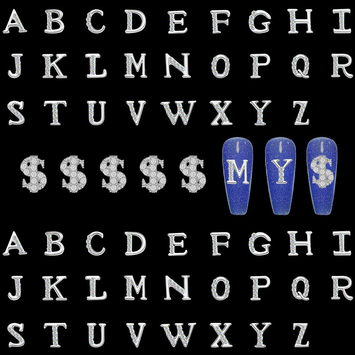 52Pcs Silver Letters Nail Stud Alloy Rhinestone +5Pcs 3D Dollar Sign Capital Letters Nail Studs Money Nail Art Alphabet Nail Charms Art for Acrylic Nails Bling Jewels Making Crafts DIY Manicure