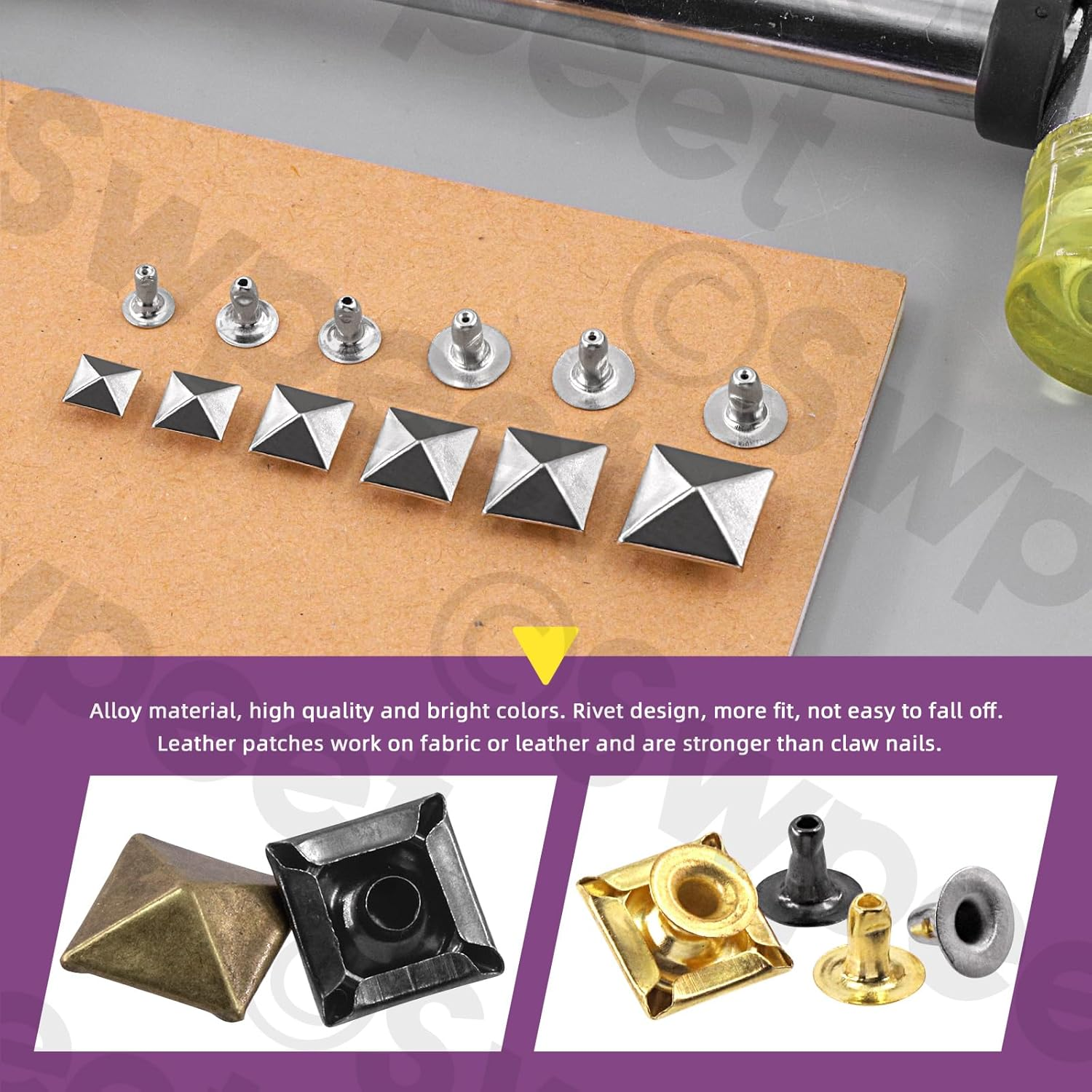 Swpeet 150Pcs 6 Sizes 6Mm/7Mm/8Mm/9Mm/10Mm/12Mm Silver Spike Rivet Pyramid Rapid Rivet Studs Kit, Square Rivets Metal Pyramid Fits for Bag Leather Clothing Shoes Rivet Handicraft DIY Punk image number 3