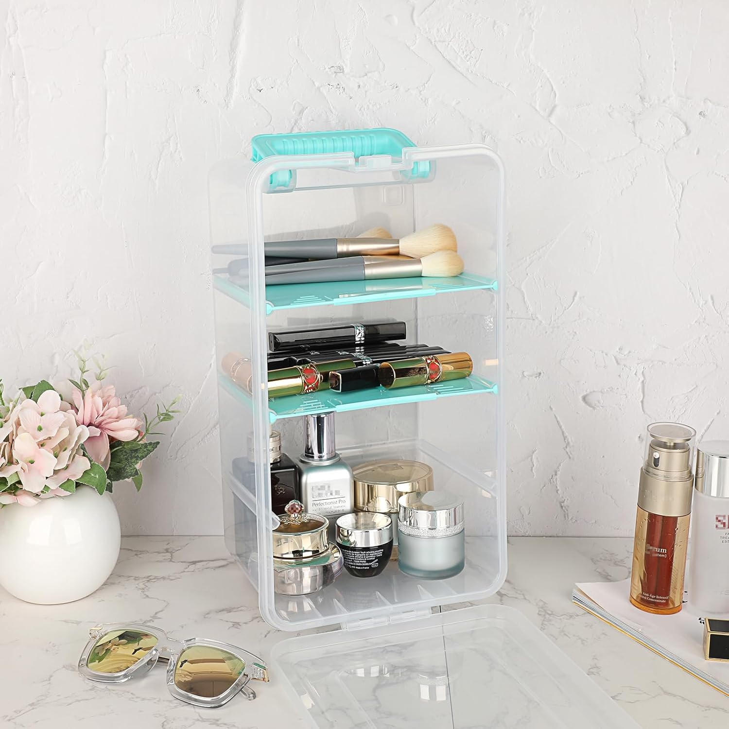 OGA Plastic Transparent Storage Box with Lid, Multi-Purpose Organiser with Carry Handle and 3 Removable Compartments, Dustproof Box for Crafts, Crafts (35.2 X 20 X 15.8 Cm) Modern Home Decoration image number 5