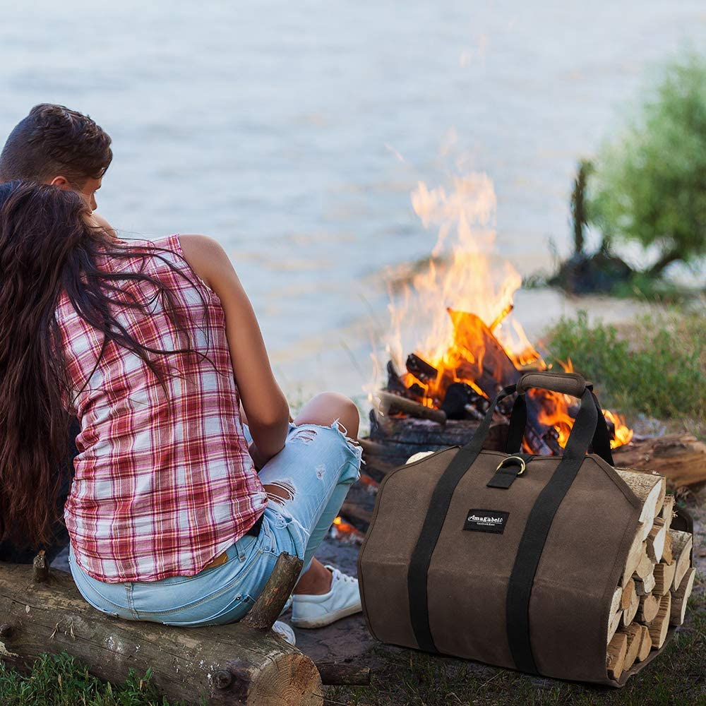 Amagabeli Firewood Carrier Bag Canvas Waxed Large Firewood Log Tote Carrying Indoor Bag Firewood Storage Tote Fire Place Log Holders Outdoor Fire Wood Carrier with Handless Dark Brown BG290 image number 4