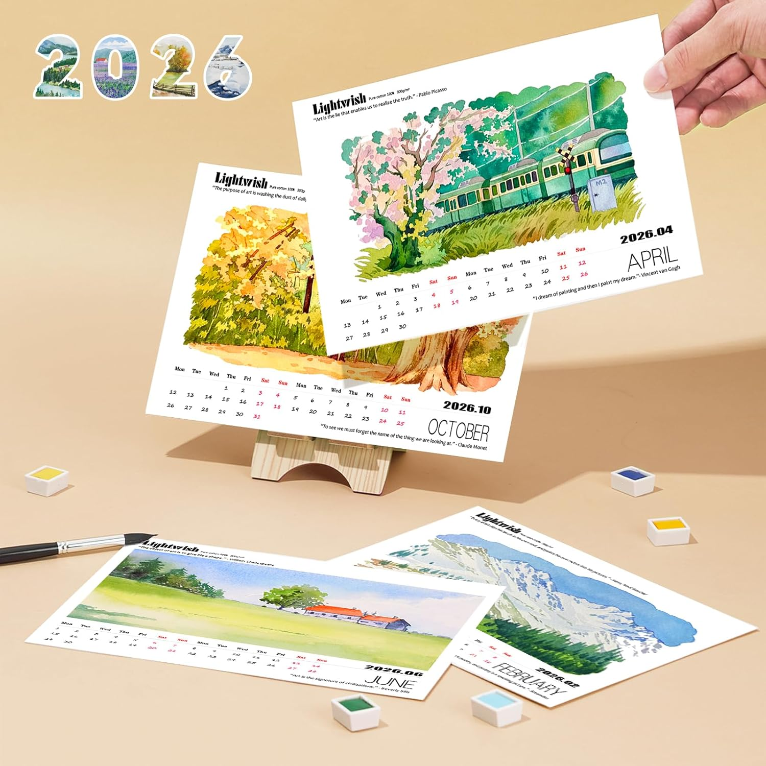 Lightwish Watercolor Calendar Paper for 2026, 100% Cotton, 12 Sheets, 140Lb/300Gsm, Acid-Free Hot Pressed Watercolor Paper, Art Supplies for Watercolor Crafts and DIY Media image number 5