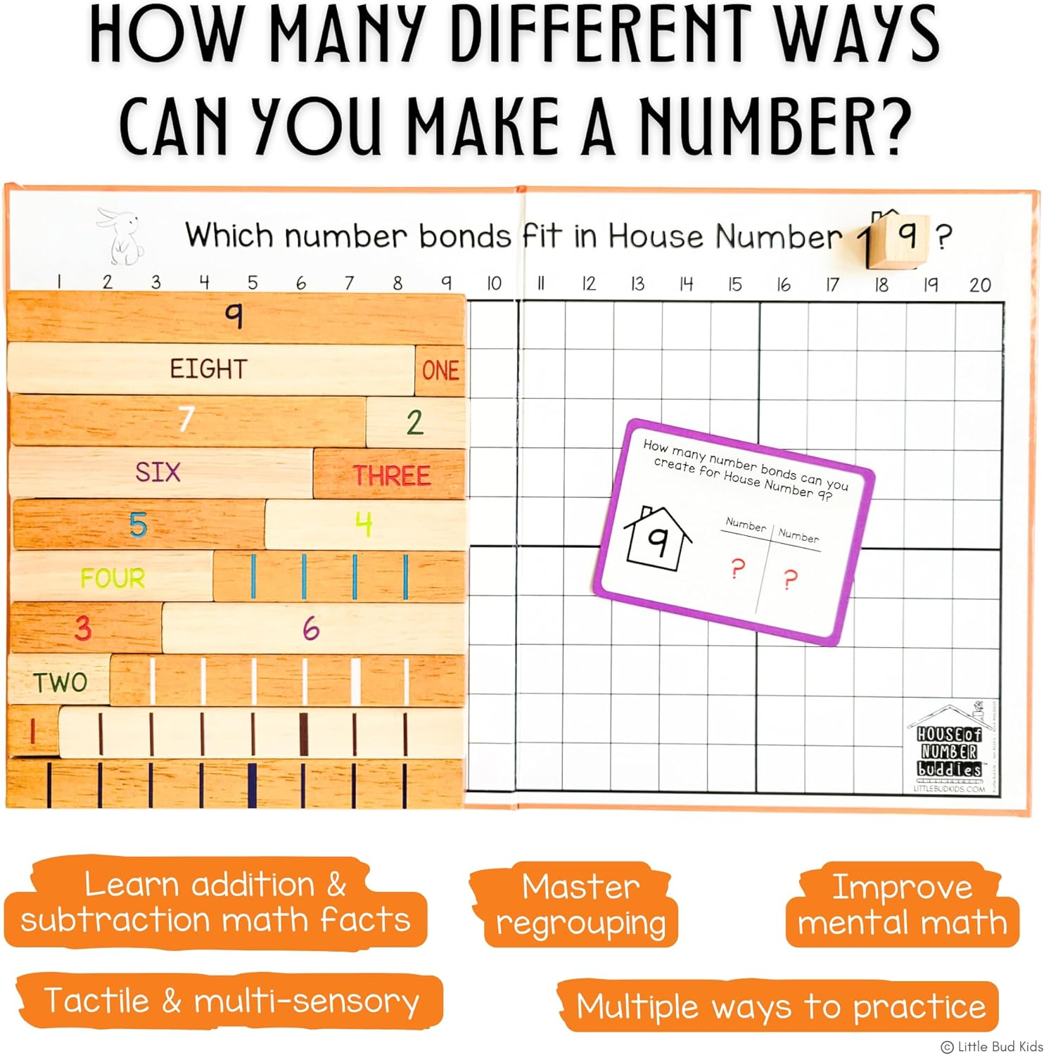 LITTLE BUD KIDS House of Number Buddies Maths Game, a Number Bonds Maths Toy with Number Rods and Addition & Subtraction Flash Cards, Montessori Material for Kids 4-8 Years Old image number 4
