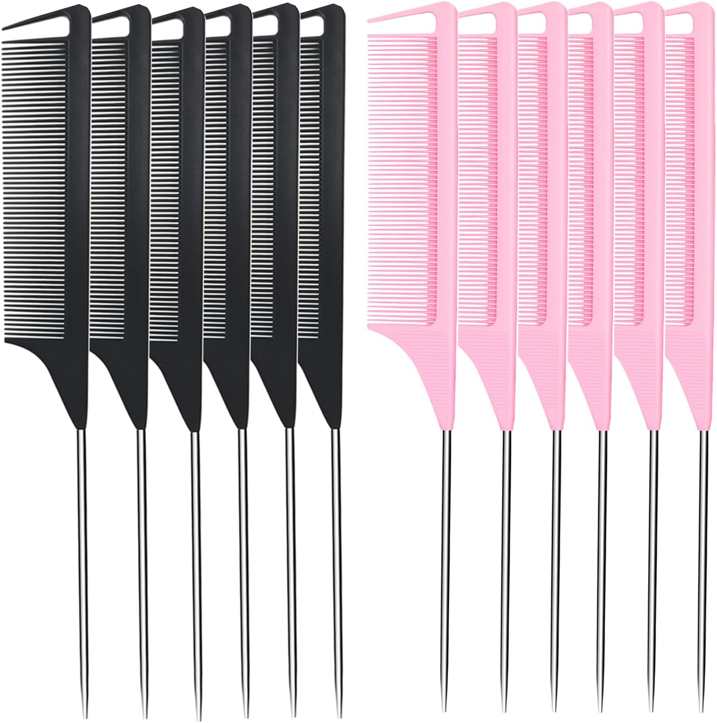 Rat Tail Combs 12PCS, Parting Combs for Braiding Hair Carbon Fiber Heat-Resistant Anti-Static, for Sectioning, Parting, Styling Hair (Black+Pink) image number 1